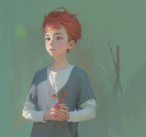 painting of a boy holding a bunch of red berries in his hands, an expressive digital painting, soft digital painting, a digital painting, digital painted, unrealistic character concept, red haired girl, soft portrait, red haired teen boy, portrait of max caulfield, digital painting, speedpaint, digital sketch, portrait of a small character, speedpainting, digital matt painting