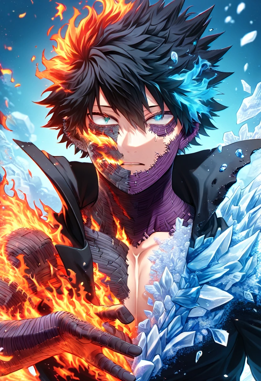 Ultra detailed, Highres, absurdres, HDR, Dabi, black hair, expressive turquoise eyes, black coat with patterns, Boku No Hero Academia, blue flowers, petals, handsome, sexy man, solo, very detailed eyes and face, master piece, glittering, fantasy, cross, blue background, blue flames, toned chest, fire and ice