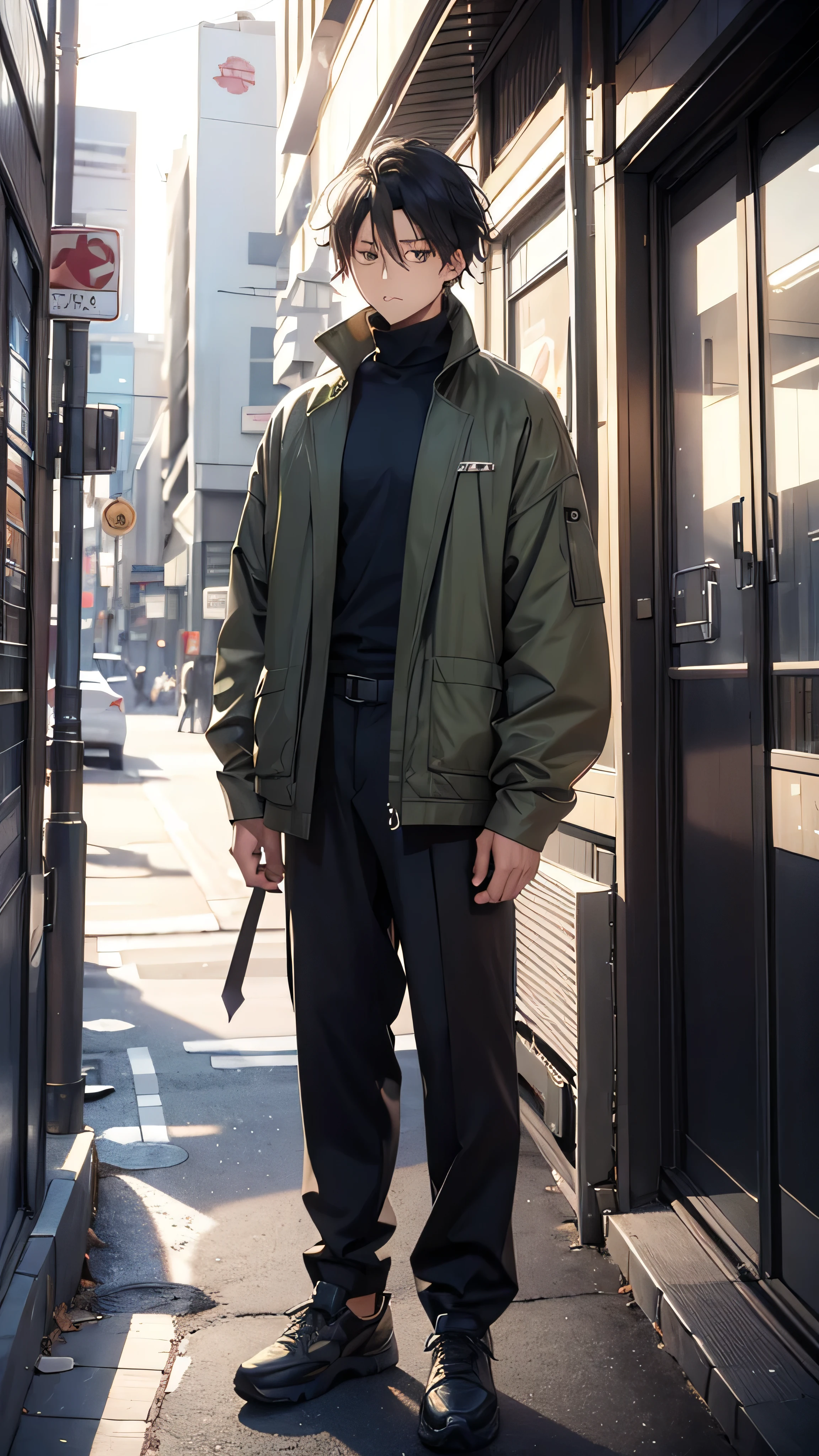 african man, medium length hair, black hair, 5'7, jujutsu kaisen, jujutsu, olive green turtleneck with high wide collar, black trousers, modern Tokyo background, sunset, grunge, aesthetic, dark, city street, eerie, moody, brown sneakers, looking away from camera, full-body shot, reference drawing, african-american, dark-skinned, olive green turtleneck with high wide collar