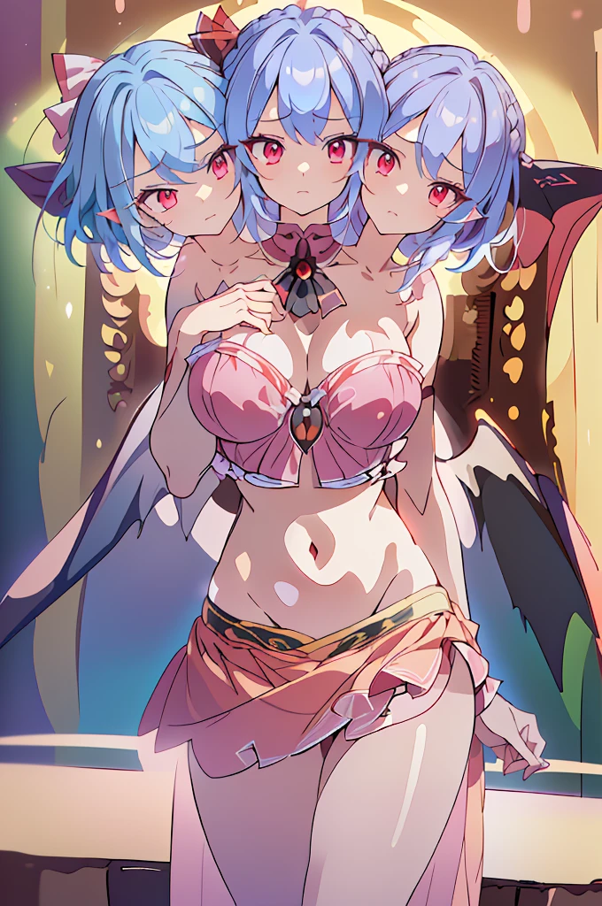 (masterpiece, best quality),best quality, ((ultra-detailed), (3heads:1.5), 1girl, (remilia scarlet:1.3), masterpiece, best quality, (high quality), (high resolution), (best quality:1.5, highres, UHD), highres, absurdo, ultra detail, ultra quality, ultra resolution, pink top, crop top, ((stomach)), midriff, ((groin)), pink skirt, normal ears, shackles, blue hair, very long hair, wavy hair, sidelocks, red eyes, parted lips, single horn, sweat, cute, toned belly, hand on own chest, eyelashes, (24 year old woman:1.3), (masterpiece:1.5), (best quality:1.5), (beautiful detailed), extremely detailed CG, extremely delicate and beautiful, depth of field, (finely detailed face), (perfect details:1.2), (mature female:1.3), wide pelvis, slender, large veiny breast, 16k resolution, highres, high quality, high definition, extremely detailed, masterpiece, best quality, blue hair, long hair, alluring presence, braid, short skirt, close up, big tits, young, mob cap, bat wings,