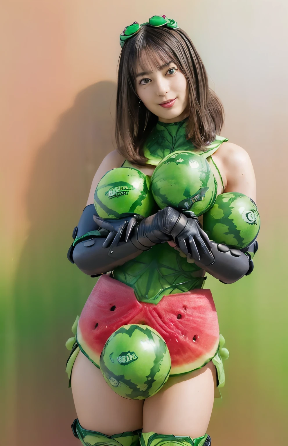 (high resolution,masterpiece,best quality,extremely detailed CG, anime, official art:1.4), realistic, full body, photo, amazing fine details, all intricate, gloss and shiny,awesome many layers, 8k wall paper, 3d, sketch, kawaii, illustration,( solo:1.4), perfect female proportion,villainess, (fusion of watermelon and lady:1.4), (two round shape green watermelon balls on breasts costume:1.6), (watermelon lady:1.2), (fusion:1.2), (solo:1.4), (evil smile:1.2), muscular, abs, (watermelon exoskeleton bio insect suit:1.4), (watermelon exoskeleton bio insect armor:1.2), (two green watermelons cover up breasts:1.5), (watermelon headgear:1.2),