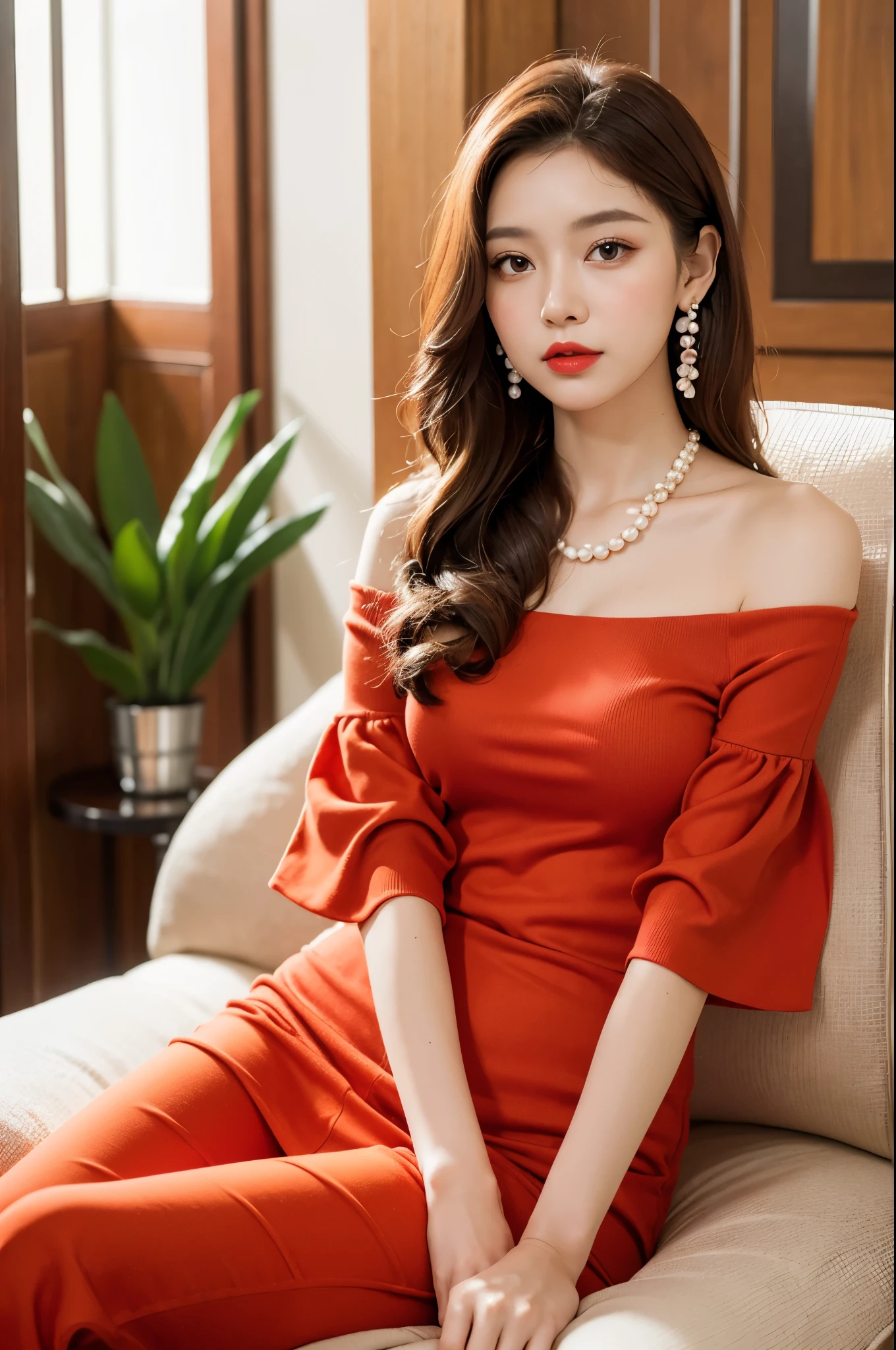 ((masterpiece)), ((best quality)), 8k, high detailed, ultra-detailed,1girl, portrait photography, warm lighting, soft focus, vibrant colors, indoor setting, young adult female, Chinese cultural elements, red earrings, pearl necklace, reds and oranges, elegant pose, wavy brown hair, off-shoulder top, subtle makeup, red lipstick, relaxed expression, sitting position, bokeh background, high-quality image, luxury atmosphere