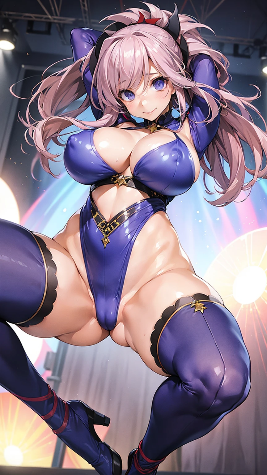 (masterpiece）、（Best image quality）、（Very detailed）、（Very detailed）、4K、（8k）、Best image quality、（beautiful）、
More about Campbell, 1 girl, star hair ornaments, hair ornaments, Pink Hair, Long Hair, gloves, Leotard Purple Leotard, White leotard, A tight leotard、Huge breasts、Thick thighs、,A light smile､Dynamic Angle、Noise Reduction､Place your hands behind your head､Emphasis on the crotch､Breast Augmentation､stage､Perfect lighting､squat､pole dance,NSFW,