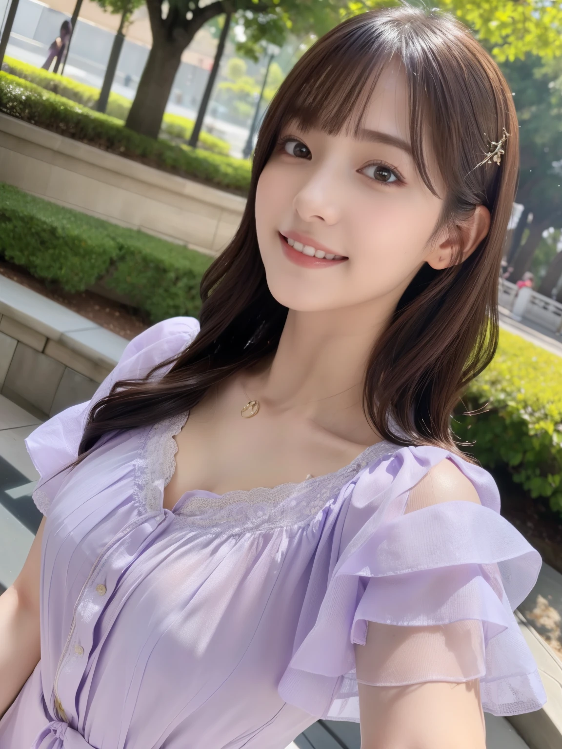1 girl,(Wearing a light purple short-sleeved blouse:1.2),(RAW Photos, highest quality), (Realistic, Photorealistic:1.4), Tabletop, Very delicate and beautiful, Very detailed, 2k wallpaper, wonderful, In detail, Very detailedなCGユニティ8K壁紙, Very detailed, High resolution, Soft Light, Beautiful detailed girl, Very detailed目と顔, Beautiful and detailed nose, Fine and beautiful eyes, Looks about 25 years old, Cinema Lighting, Afternoon fountain view park, Perfect ???????, Slender body, smile, Wavy long hair, Face looking at camera, ((Body facing straight ahead)),