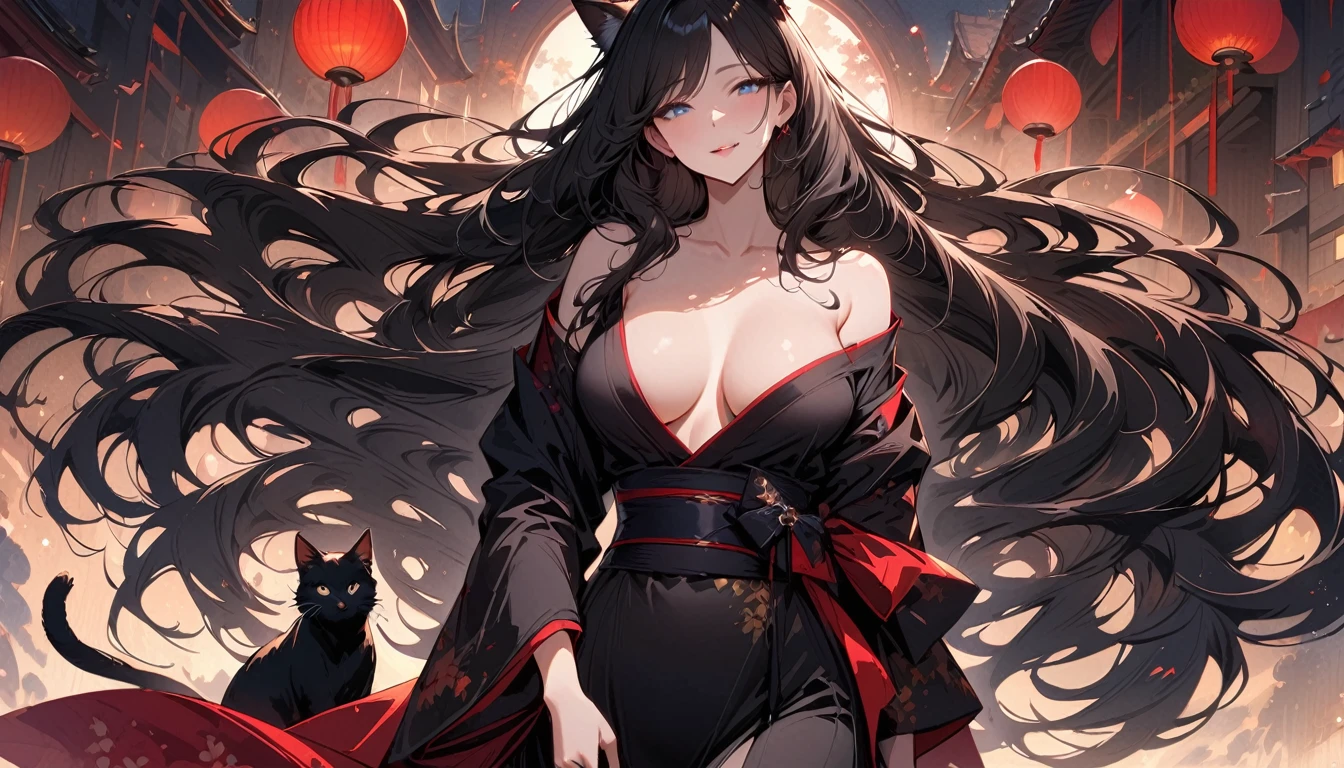 Masterpiece, Very detailed, ultra detailed, one, (1 woman), Japanese, She is in a black simple yukata and in an elegant pose, super mature, tall, mom, Mature mother, super long hair, black and dark hair, straight hair, black cat ears, three cat tails, Beautiful, Charming, blue eyes, elegant, medium breasts, cheerful breasts, kind face, calm with background, atmosphere against Japanese themes.