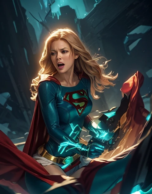 Supergirl in action pose, perfect costume, smooth curves, beautiful face... green kryptonita in background, emerald lighting 