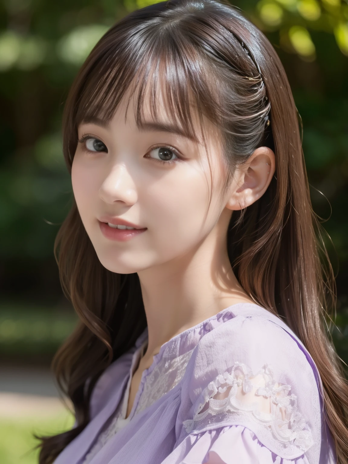 1 girl,(Wearing a light purple short-sleeved blouse:1.2),(RAW Photos, highest quality), (Realistic, Photorealistic:1.4), Tabletop, Very delicate and beautiful, Very detailed, 2k wallpaper, wonderful, In detail, Very detailedなCGユニティ8K壁紙, Very detailed, High resolution, Soft Light, Beautiful detailed girl, Very detailed目と顔, Beautiful and detailed nose, Fine and beautiful eyes, Looks about 25 years old, Cinema Lighting, Afternoon fountain view park, Perfect Anatomy, Slender body, smile, Wavy long hair, Face looking at camera, ((Body facing straight ahead)),