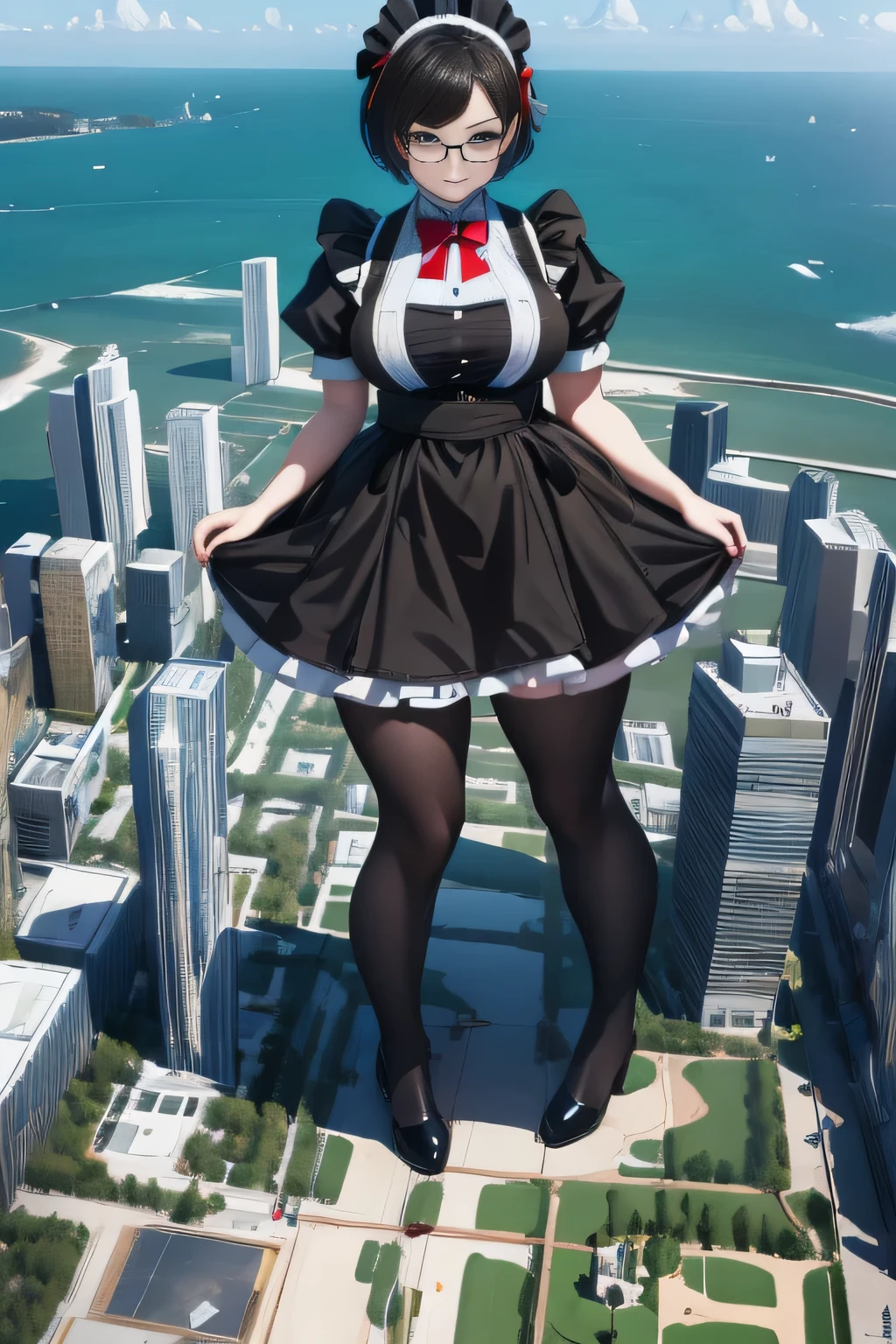 giantess art, highly detailed giantess shots, giantess, Two legs, Five fingers, short hair, A beautiful girl who is bigger than any skyscraper, Wearing rimless glasses, Big Breasts, Big Butt, Maid clothes, Black Pantyhose, black pantyhose, pantyhose feet, Steam coming out from the soles of the feet, A very small big city, Miniature metropolis, Full body description, GTS, giga giantess, stomping city, crash city, tiny city, micro city, pantyhose feet, High resolution, highest quality, masterpiece, Maid, maid, 
