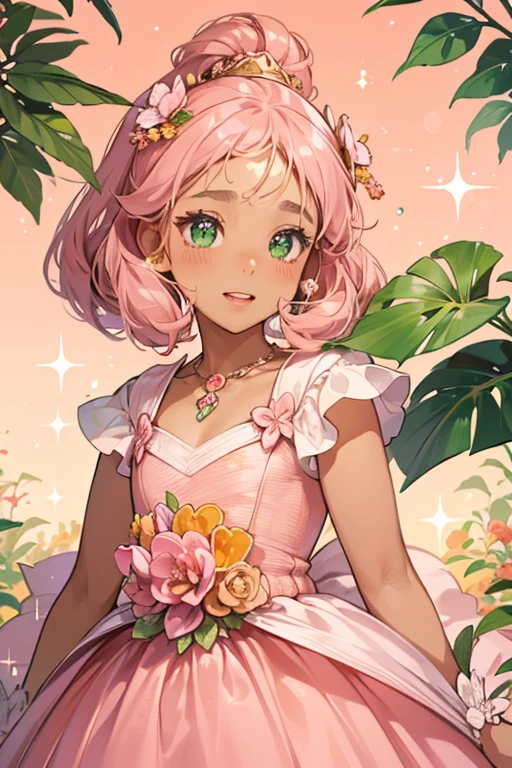 She has brown skin and a peach-colored face. She has a green leaf growing out of the top of her head. She can pluck it off, and a new one will grow in its place. She has sparkly eyes, a round nose, pink cheeks, and small buckteeth. She wears a pink dress. SPARKLE; GLITTER