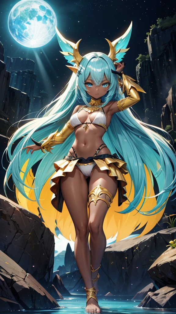Beautiful girl with cyan hair and black body, six arms,Goblin,Pointed nails,Dark skin with white tattoos,Gold Bikini,Thong,Transparent long skirt,,barefoot,valley
