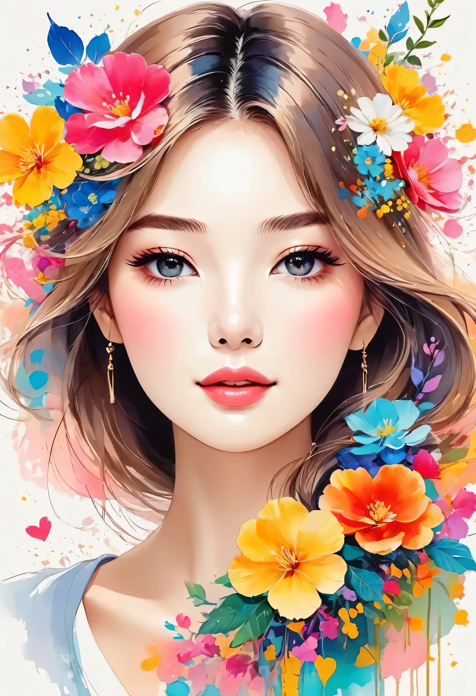 Watase Seizo Style、The most beautiful girl of all time、Lips in Love、Colorful flowers、Simple line initials、Abstract art、Urban Background