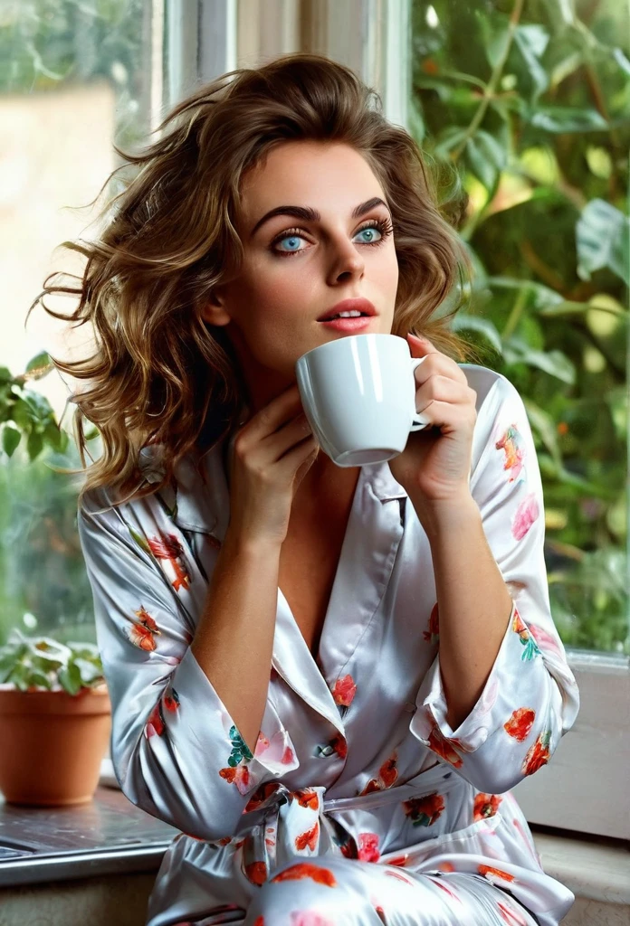 Busty Brunette European girl [Sophia Loren:Maude Adams:0.45], just woken up, still wears silk pajamas, holds a cup of hot coffee at her Kitchen in the early morning, (best quality, masterpieces, ultra-detailed), beautiful detailed eyes, beautiful detailed lips, longeyelashes, vibrant colors, illustrative style, high resolution fine photographs texture, flowing messy hair, cozy garden background, soft sunlight, lively expression, joyful interaction with the cat, dynamic pose, realistic rendering, MidJourney Aesthetic