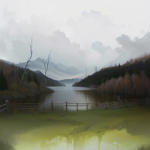 there is a painting of a lake and a fence in the background, a digital painting, gloomy landscape, digital painted, overcast lake, digital landscape art, atmospheric. digital painting, an expressive digital painting, #1 digital painting of all time, # 1 digital painting of all time, painted landscape, digital painting, digital 4k painting, speedpaint, digital matt painting