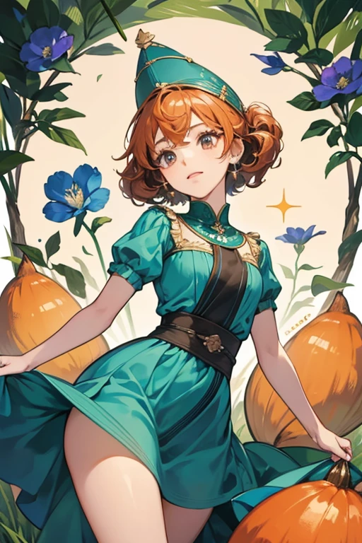 Guriritchi resembles an acorn. She has a round orange body with a lighter orange face, and short stick-like brown arms and legs. The top of her head resembles a brown acorn cap, with two green leaves on the left side. She has a curly tail with a red, yellow, and blue flower at the end. She has dark round eyes with two eyelashes each, and a small v-shaped mouth. SPARKLE; GLITTER