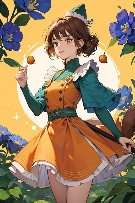 Guriritchi resembles an acorn. She has a round orange body with a lighter orange face, and short stick-like brown arms and legs. The top of her head resembles a brown acorn cap, with two green leaves on the left side. She has a curly tail with a red, yellow, and blue flower at the end. She has dark round eyes with two eyelashes each, and a small v-shaped mouth.  SPARKLE; GLITTER