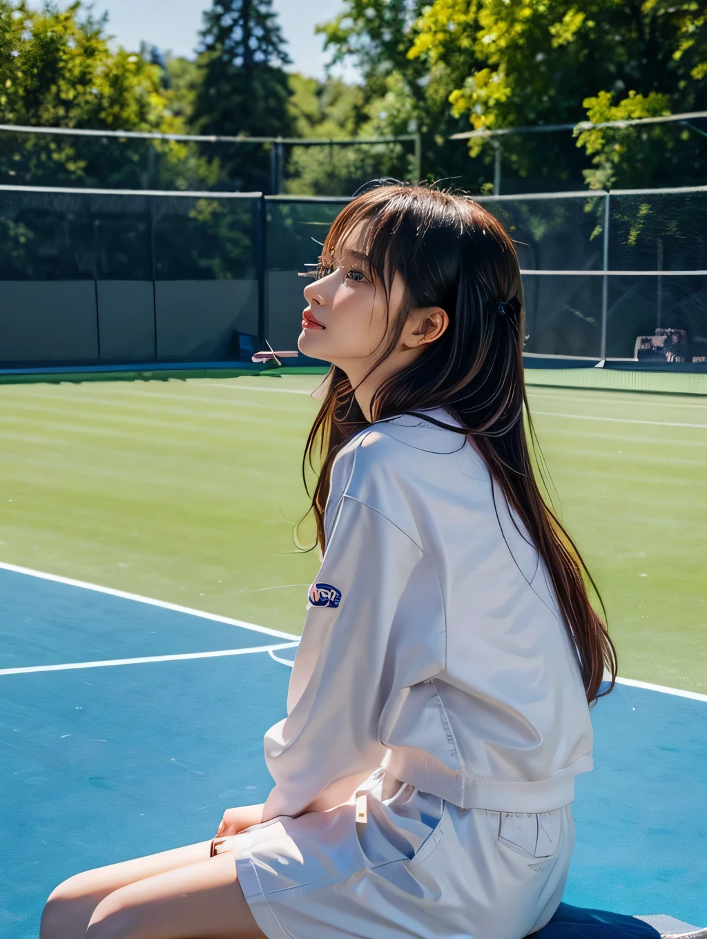 arafed woman sitting on a tennis court with a tennis racket, a picture inspired by Ion Andreescu, tumblr, realism, wearing casual clothes, she is wearing streetwear, ulzzang, profile image, wearing casual clothing, sporty, profile pic, sneaker photo, wearing white sneakers, casual pose, look at the viewer