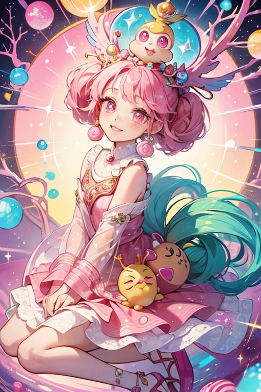 Gurugurukitchi resembles a lollipop. She has a brown trunk, two branches for arms, a pink beak, and sparkly eyes that are similar to Memetchi's. The top of her head is round and white with a pink swirl in the middle. SPARKLE; GLITTER