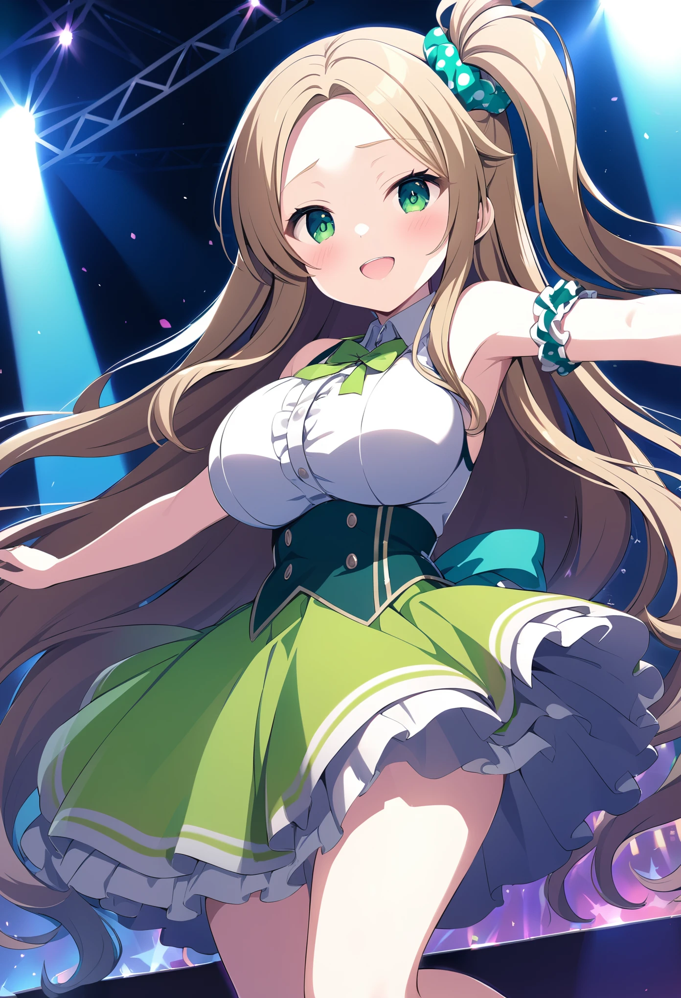 HAYASHIDAKIRA, BLONDE HAIR, ONE SIDE UP, HAIR SCRUNCHIE, GREEN SCRUNCHIE, POLKA DOT SCRUNCHIE, PARTED BANGS, FOREHEAD, VERY LONG HAIR, GREEN EYES,, large breasts,, Live Stage, solo