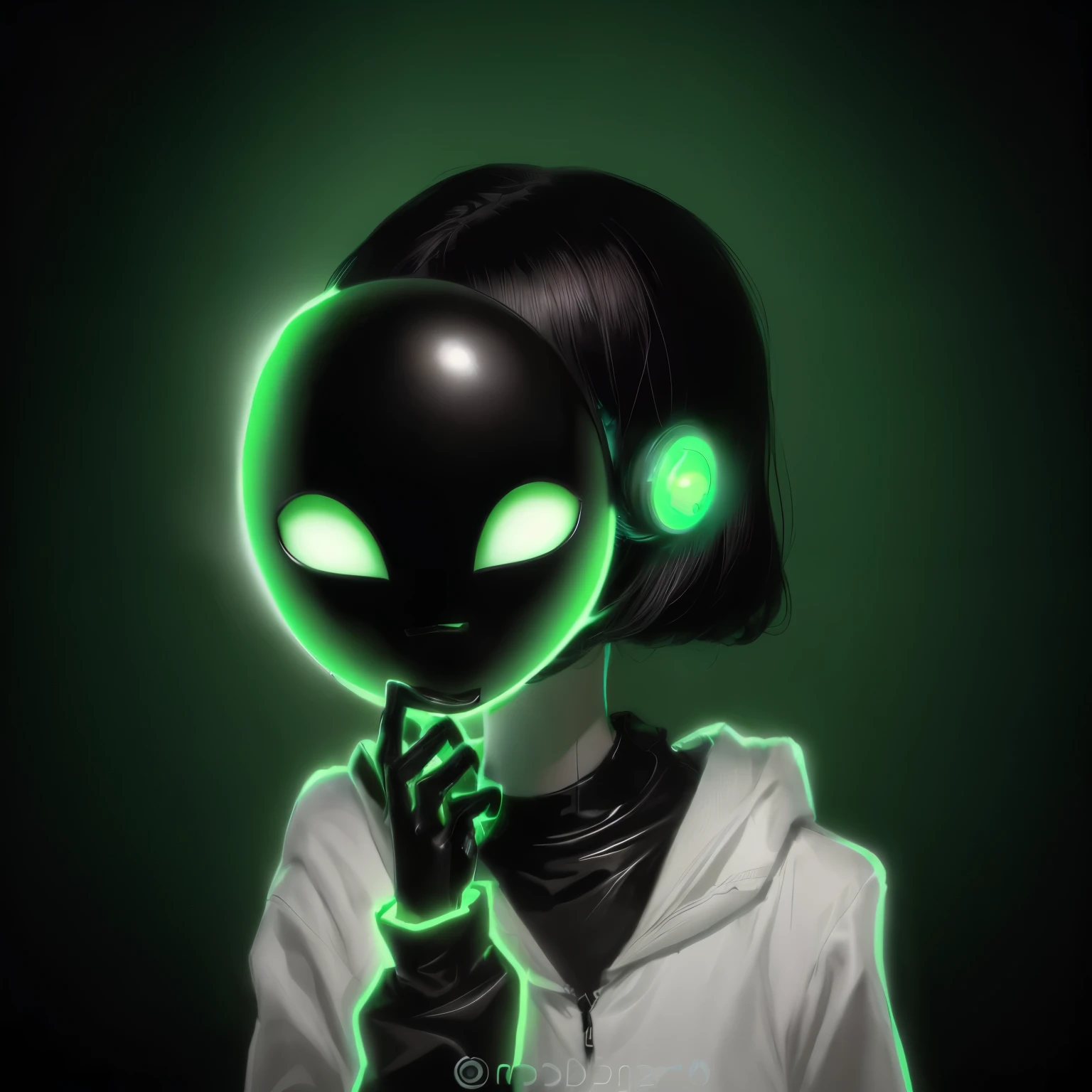 a cartoon alien girl with a green face and black hair, alien girl, with no face, no faces, no face, no face mask, alien like, drab, alien portrait, female alien, space alien, green face, portrait of an alien, alien looking, art alien, by Ei-Q, the mask covers her entire face, in an anime style