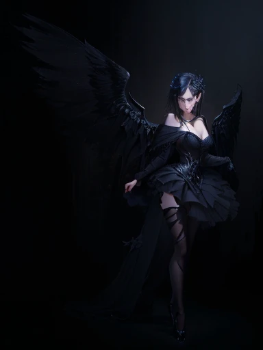 arafed woman in a black dress with a black cape and a black dress, dark ballerina, black swan, dreamy and ethereal and dark, wings are clouds of darkness, dark feathered wings, angel with black wings, dark angel, villainess has black angel wings, winged human, dark demonic dancer, raven winged female vampire, winged, dark and ethereal
