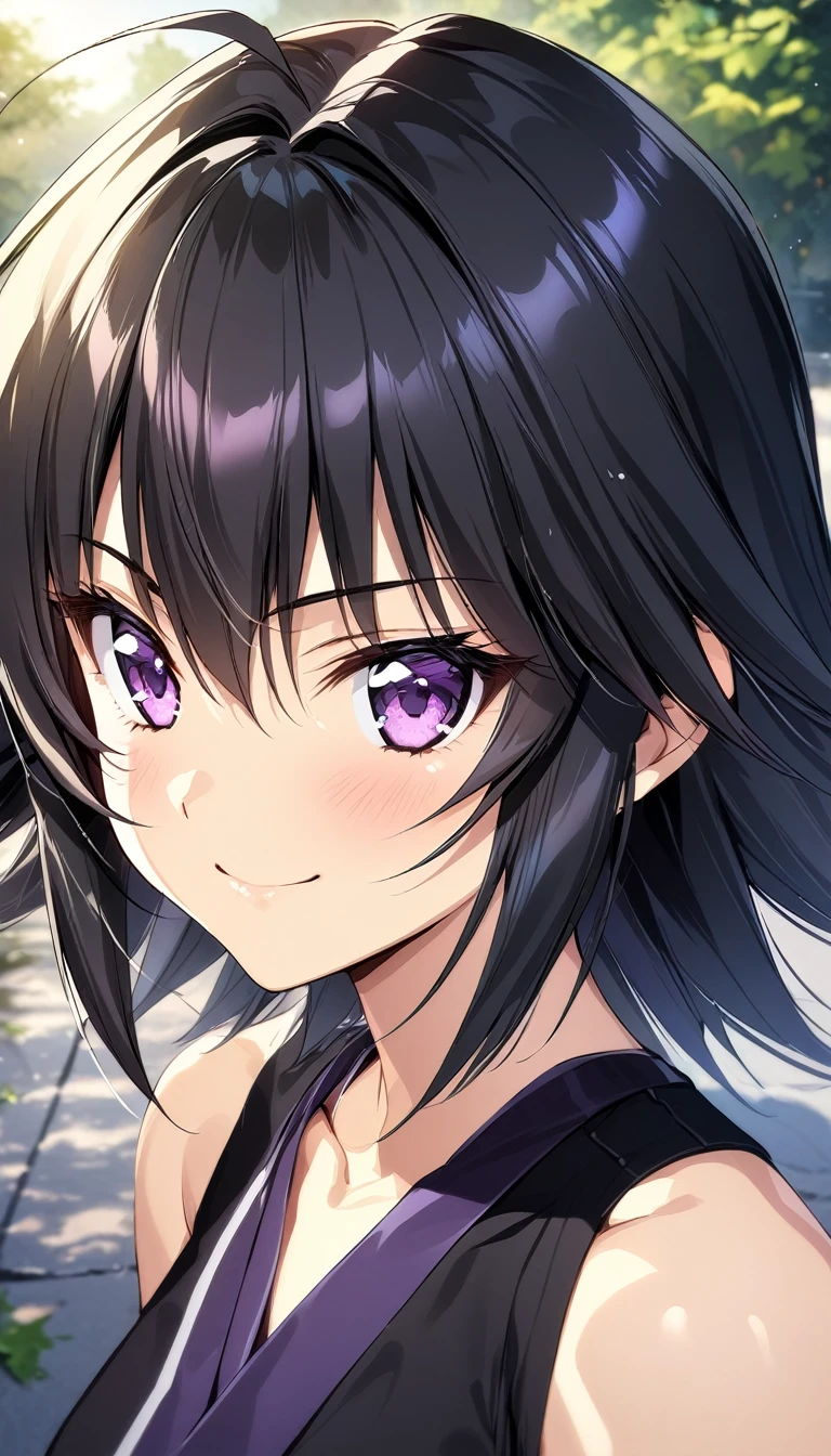 (masterpiece),(best quality),(ultra-detailed),(best illustration),(best shadow),(absurdres),(detailed background),(very aesthetic), 1girl, solo, akitsuki_karasu artstyle, ayamine kei, purple eyes, black hair, short hair, bangs, smile, portrait,