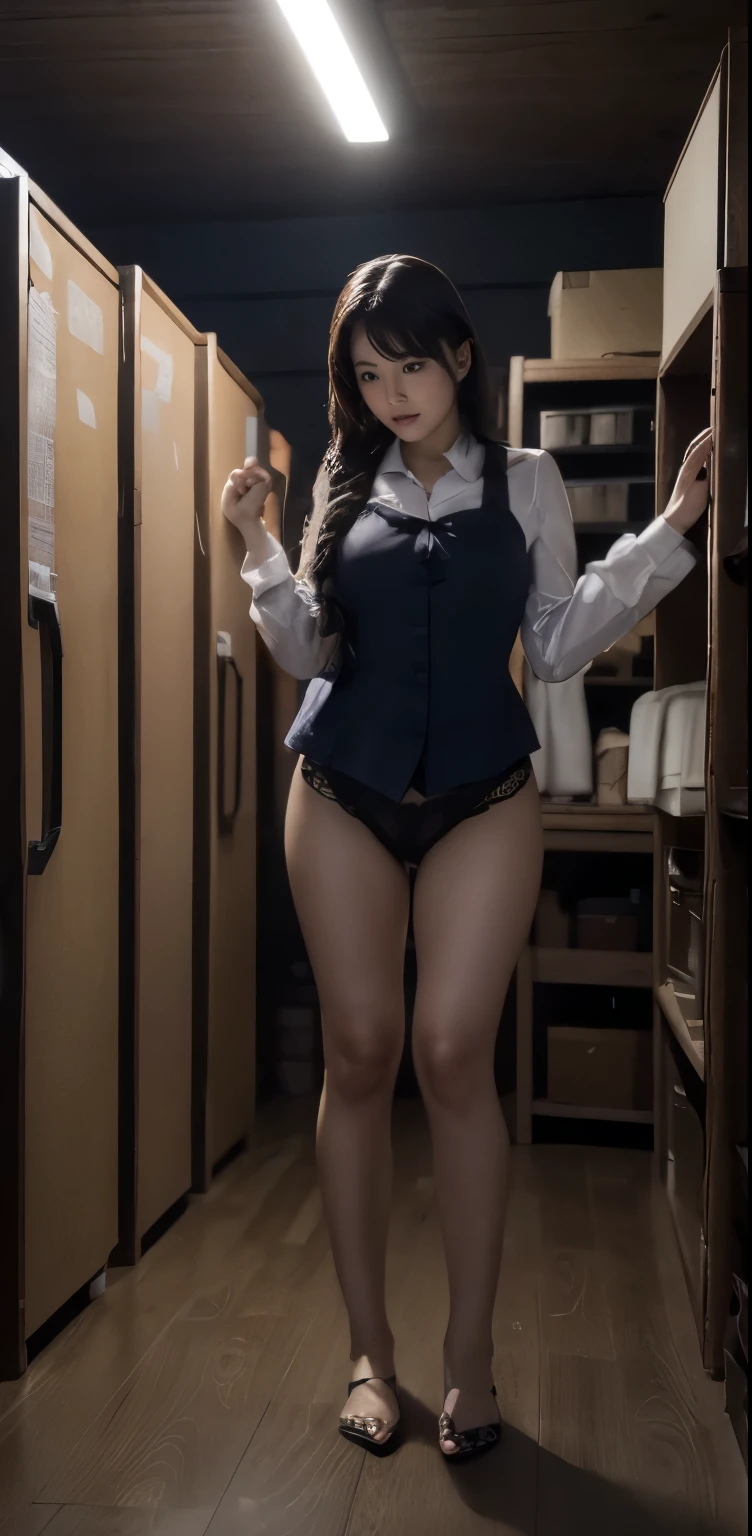 works as a manager (in the dark, in the dim storeroom), ((standing and showing off pubic hair)), wide spread legs, blouse, id card, squatting, braid, floor, ceiling,