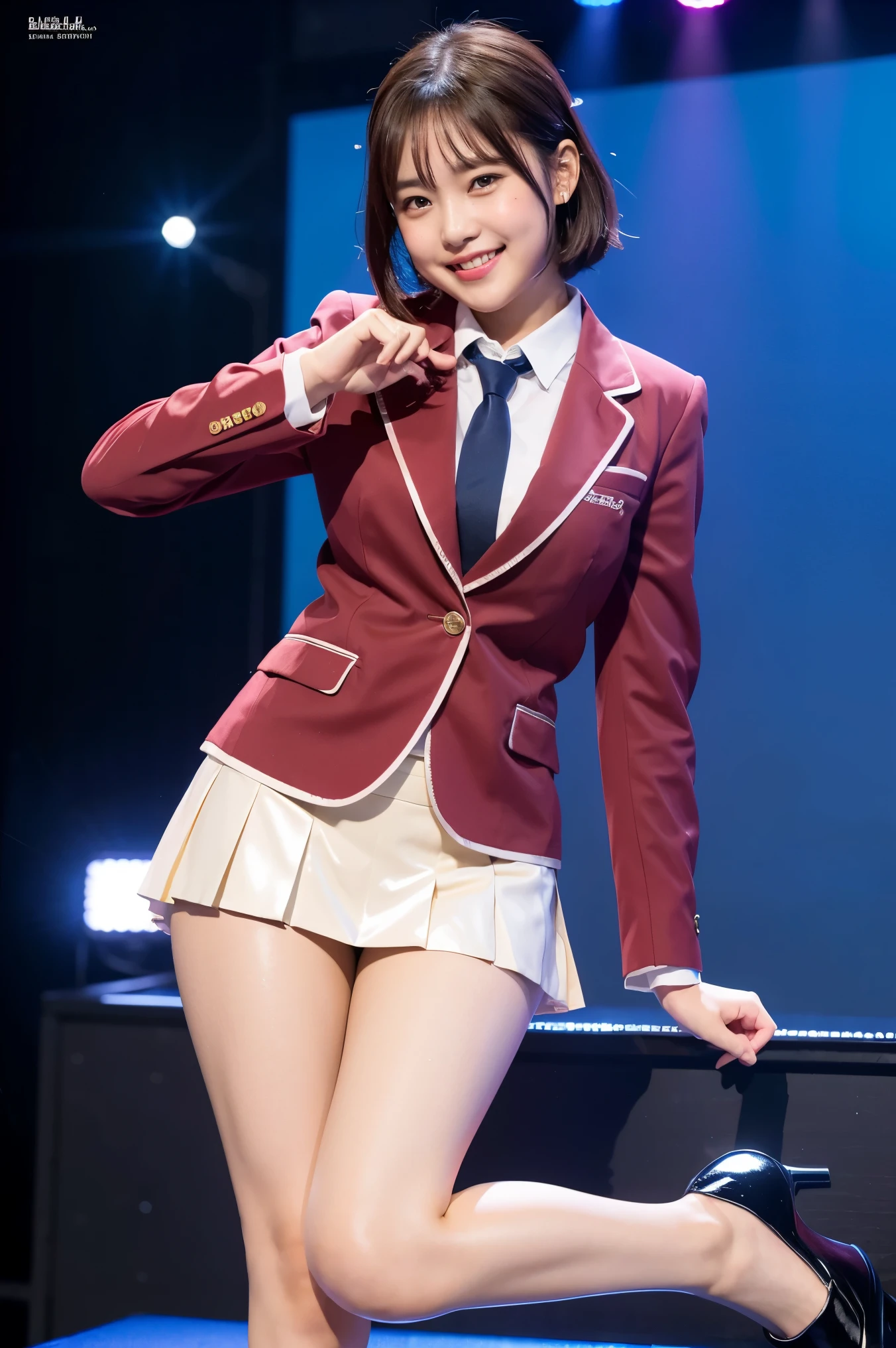 (8k), (highest quality: 1.2), (Realistic), (Realistic: 1.37), Ultra-high resolution, 1 girl, cute, (Embarrassed smile:1.2), (Blushing:1.4)Mouth closed, Beautiful details, Beautiful Nose, short bob hair , Giant Dulcefo, pork, Thighs,Navel exposed,University Student Uniform,A simple blazer,Pleated skirt,Platform boots,Dancing on the school stage,(shiny legs:1.4),(Thick thighs:1.2),Medium Shot
