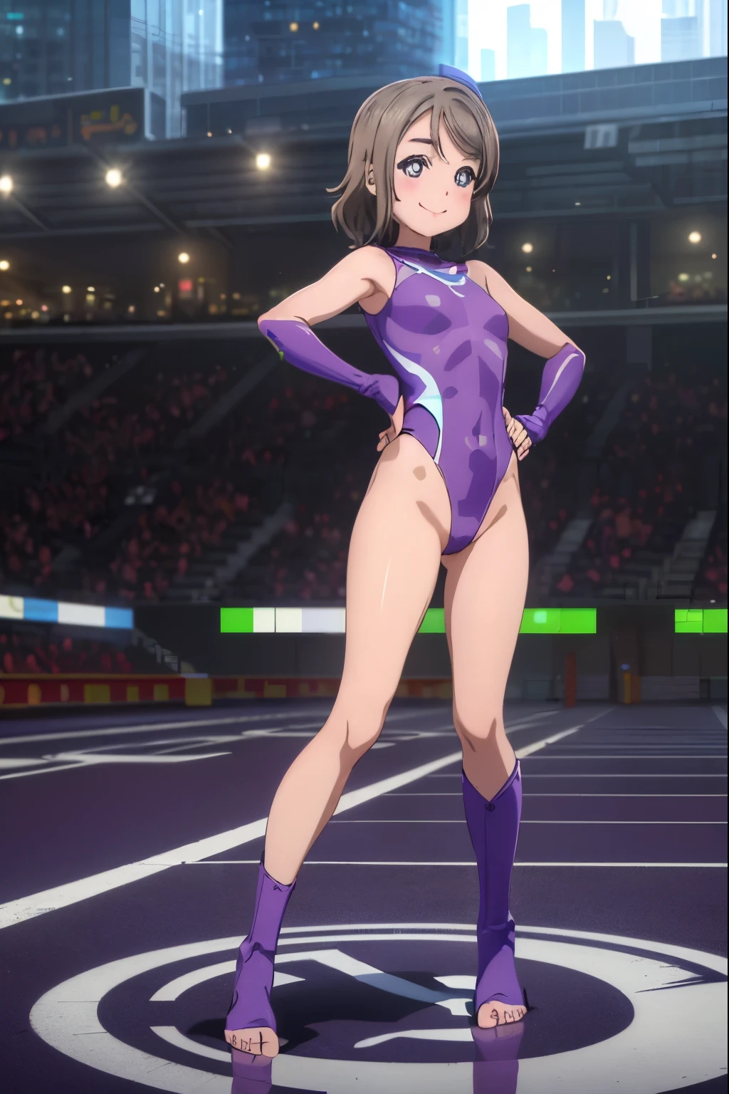(((Pixel Perfect, Perfect in every detail))), alone, single, alone focus, One girl, Yu Watanabe, View Viewer, smile, Superhero, Purple leotard, highleg leotard, barefoot, boots, Are standing, Hands on hips,Urban Background, No sleeve, Ultra-high resolution, Absurd, ((Only 5 fingers)), Perfect body, Good balance