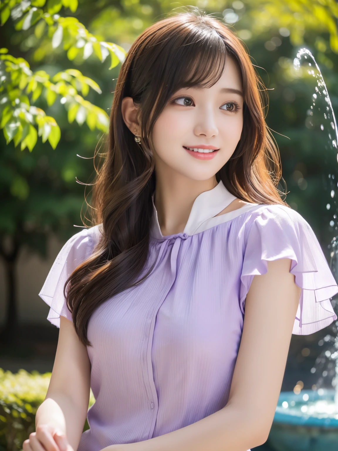 1 girl,(Wearing a light purple short-sleeved blouse:1.2),(RAW Photos, highest quality), (Realistic, Photorealistic:1.4), Tabletop, Very delicate and beautiful, Very detailed, 2k wallpaper, wonderful, In detail, Very detailedなCGユニティ8K壁紙, Very detailed, High resolution, Soft Light, Beautiful detailed girl, Very detailed目と顔, Beautiful and detailed nose, Fine and beautiful eyes, Looks about 25 years old, Cinema Lighting, Afternoon fountain view park, Perfect Anatomy, Slender body, smile, Wavy long hair, Face looking at camera, ((Body facing straight ahead)),