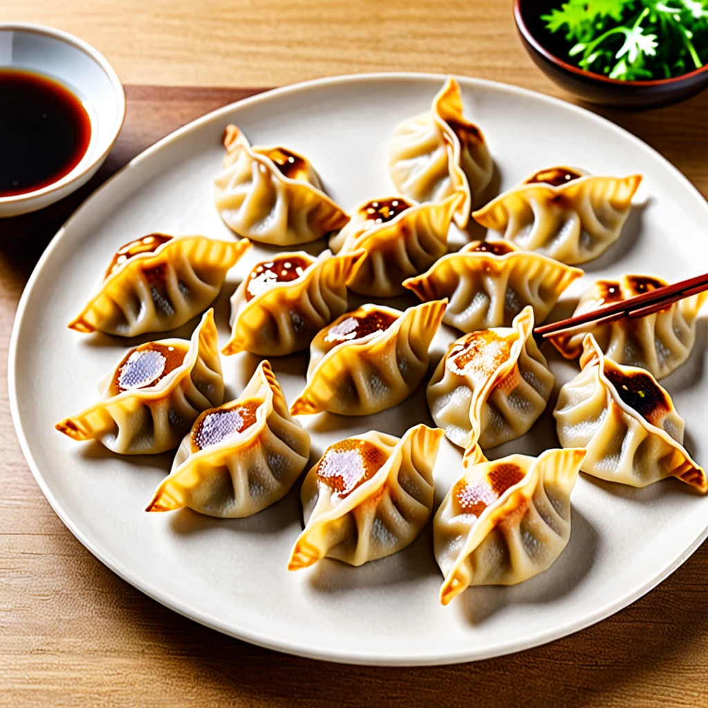 These dumplings are made from wheat flour dough rolled out thinly and shaped into semicircular shapes..、Gyoza dumplings with grilled surface、Fried dumplings on a rectangular plate、
