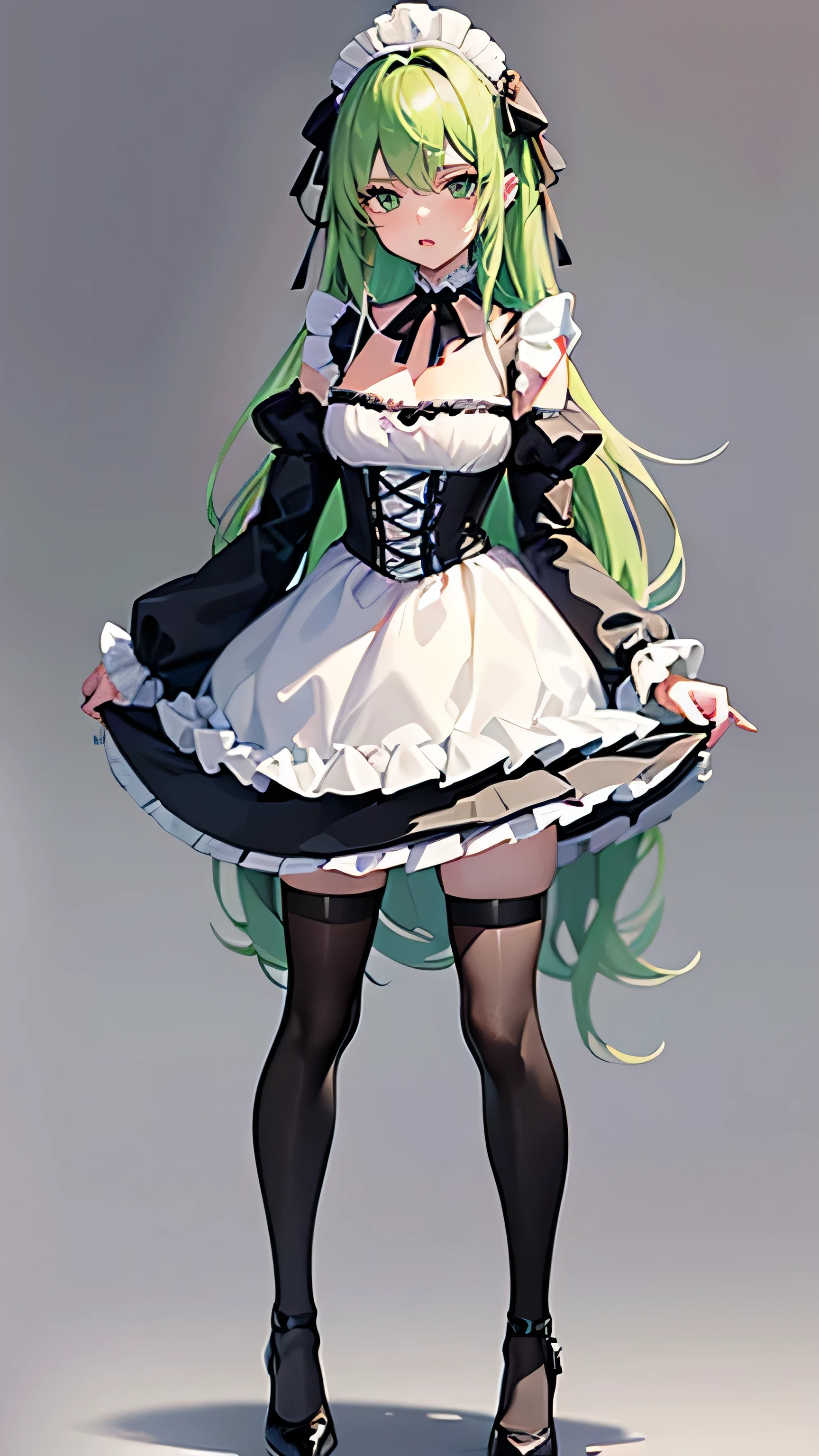 Masterpiece, best quality, high resolution, venus1,1girl, solo, Composition:
Single figure.
(((Full body figure))).
Long hair.
Lime-green hair.
Wavy hair.
Light-green eyes with hues of pink.
Stoic/emotionless expression.
Standing straight.
Mature.
Frontal view.
Standing.
No background.
Art Style:
Anime Style.
Color Scheme:
The dress primarily features a classic black-and-white color combination.
Bodice:
The bodice is white with a (((deep neckline))).
Shoulder-baring sleeves.
Black shoulder straps transition into a crisscross lace-up design on the front, in the area of her stomach, adding a decorative touch and cinching the waist.
A black ribbon ty into a bow is tied at the waist, enhancing the fitted appearance of the bodice.
Sleeves:
The sleeves are white, short, and puffy with a ruffled edge, ending before elbows.
They are shoulder-baring sleeves, white, with an elastic band at the top to ensure they stay in place.
Skirt:
Black in color.
Short-skirt, ending evenly mid-thigh without back or side extension.
A white ruffled trim at the hem.
A white apron.
Accessories:
(((Black))) thigh-high stockings.
Around her neck, she wears a white frilled choker with a thin band of black in its center. The thin band of black weaves into a small bow in the front, with a tiny silver pendant in the center of its knot.
Wears a frilly maid headpiece.
A small white apron covers the front of the skirt.