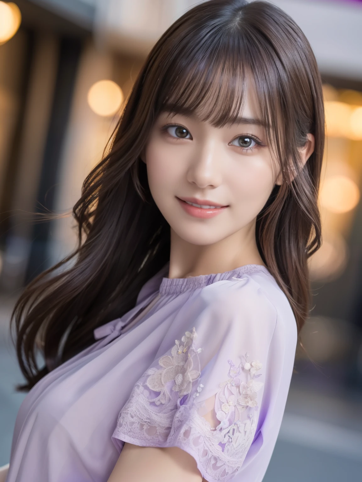 1 girl,(Wearing a light purple short-sleeved blouse:1.2),(RAW Photos, highest quality), (Realistic, Photorealistic:1.4), Tabletop, Very delicate and beautiful, Very detailed, 2k wallpaper, wonderful, In detail, Very detailedなCGユニティ8K壁紙, Very detailed, High resolution, Soft Light, Beautiful detailed girl, Very detailed目と顔, Beautiful and detailed nose, Fine and beautiful eyes,Cinema Lighting,Afternoon cityscape, Perfect Anatomy, Slender body, smile, Wavy long hair, (Bodies facing random directions), Face looking at camera,