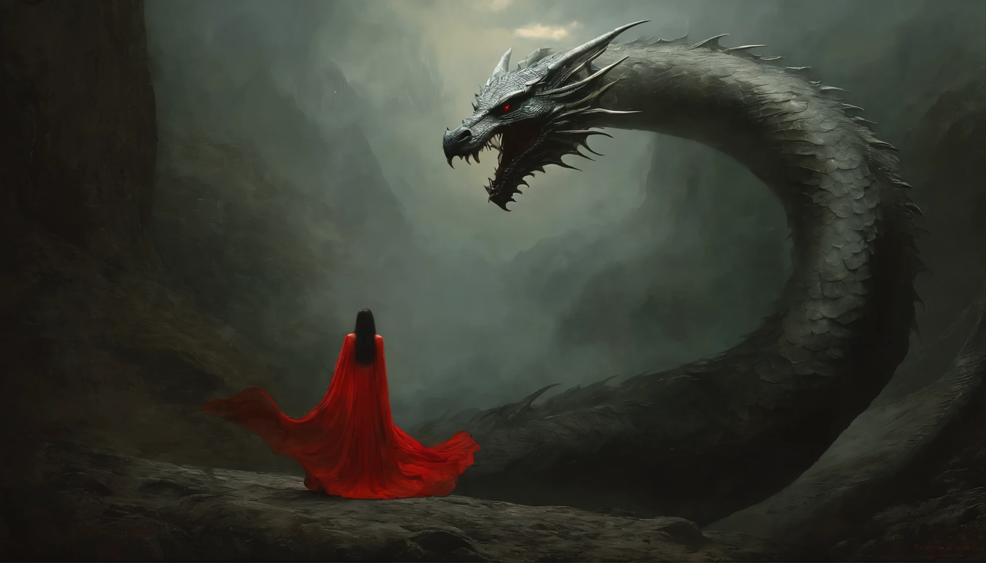 (Masterpiece, Best quality), 1lady, Solo, (White scales, Squamous bodies), Halo, Wings,Fallen Angel, Black hair, Loose waves, Red eyes, (Dragon, The art of Hermann Nitch, Zdzislaw Beksinski, Dariusz Zawaziki, Giger),Realistic:1.5