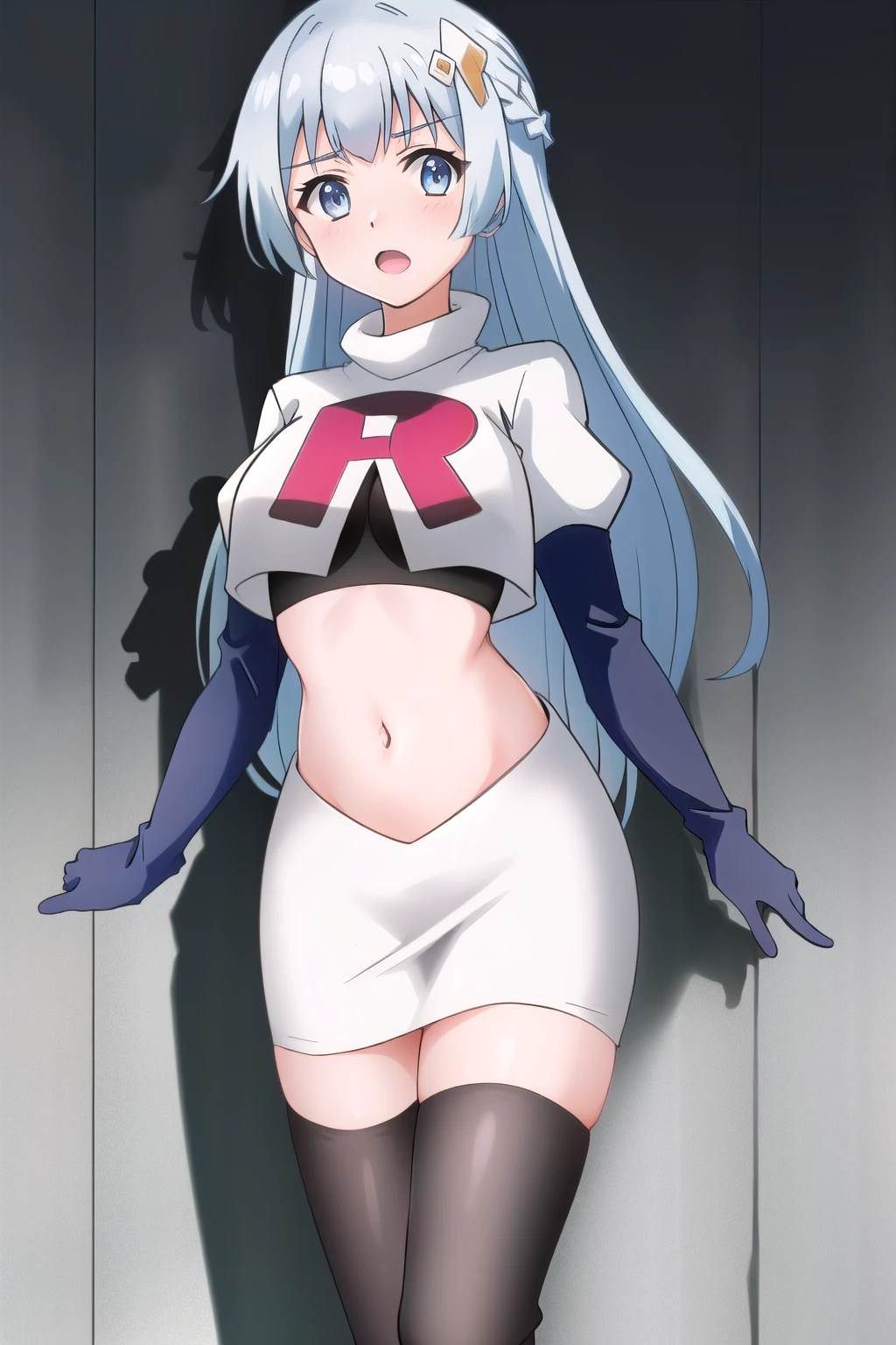 (extremely detailed CG unity 4k wallpaper),(masterpiece),(best quality),(ultra-detailed),(best illustration),(best shadow),(absurdres),(detailed background) Miku Izayoi, 1girl, long hair, solo, breasts, hair ornament, looking at viewer, blue hair, blue eyes, very long hair, bangs, blush, team rocket,team rocket uniform,white skirt,red letter R,crop top,black thigh-highs,black elbow gloves