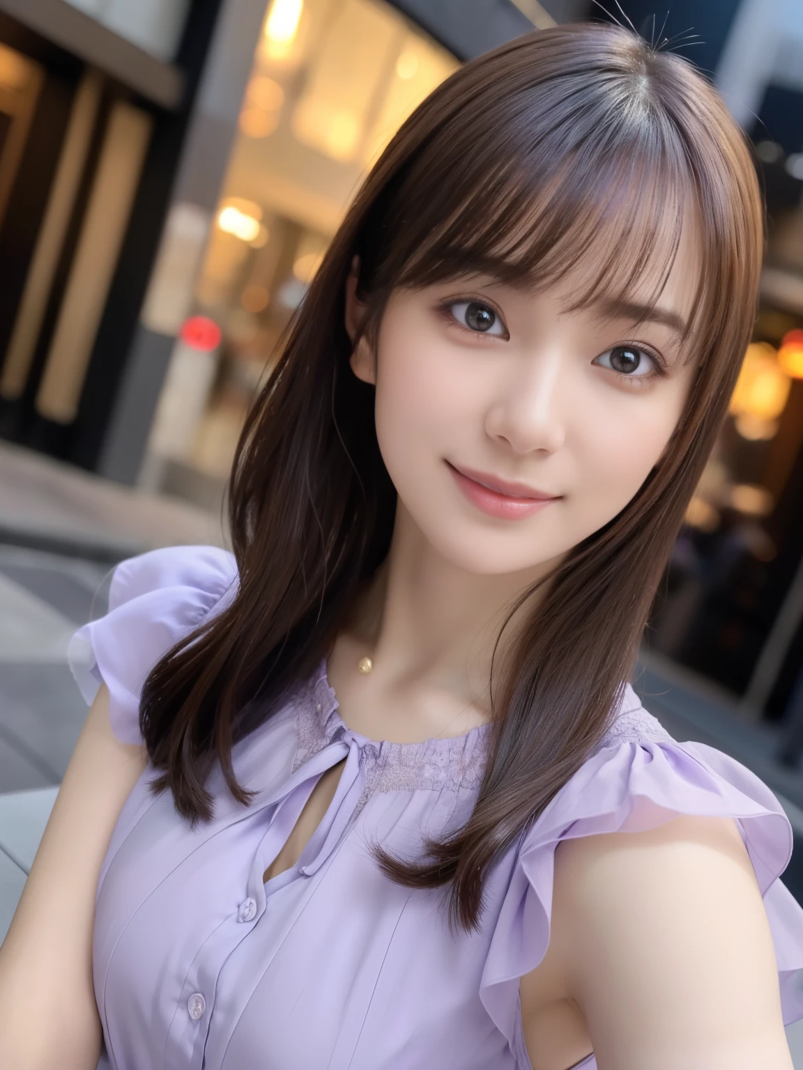 1 girl,(Wearing a light purple short-sleeved blouse:1.2),(RAW Photos, highest quality), (Realistic, Photorealistic:1.4), Tabletop, Very delicate and beautiful, Very detailed, 2k wallpaper, wonderful, In detail, Very detailedなCGユニティ8K壁紙, Very detailed, High resolution, Soft Light, Beautiful detailed girl, Very detailed目と顔, Beautiful and detailed nose, Fine and beautiful eyes,Cinema Lighting,Afternoon cityscape, Perfect Anatomy, Slender body, smile, Wavy long hair, (Bodies facing random directions), Face looking at camera,