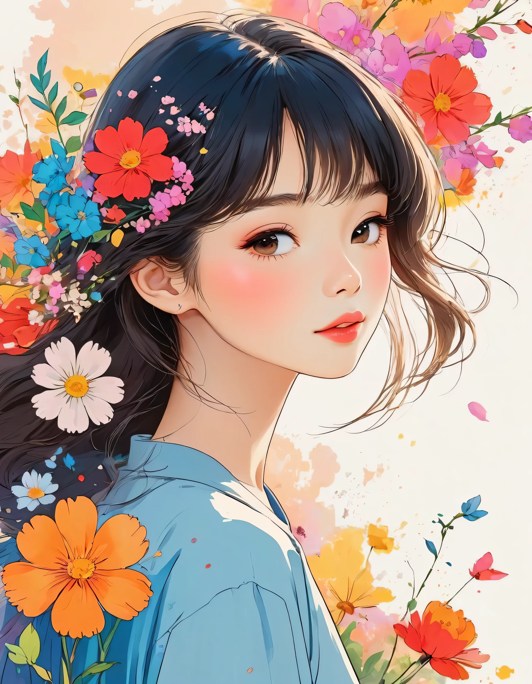 Hayao Miyazaki Style、The most beautiful girl of all time、Lips in Love、Colorful flowers、Simple line initials、Abstract art、Urban Background