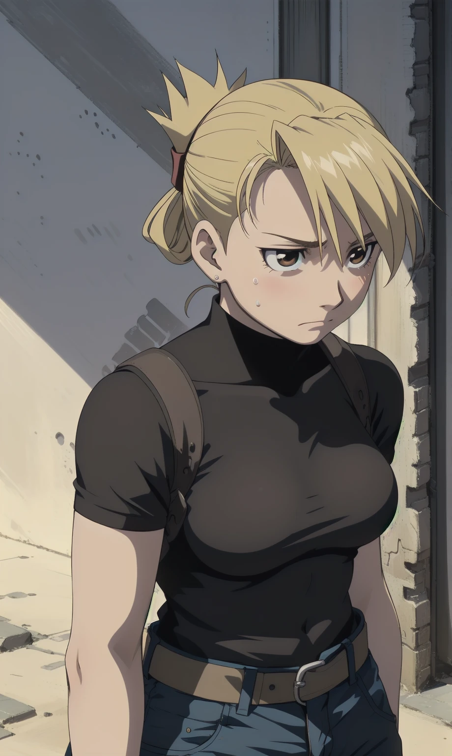 masterpiece, highest quality, High resolution, One Girl, Hamriz, ponytail, Brown eyes,Big Breasts, Black Shirt, Tight shirt, holster, Short sleeve, belt, Covered navel, Blue pants,Abandoned City、Outdoor、Sand smoke、Upper body close-up、Muscular body、blush、Sweat、Composition from the front、anime、Hide your arms behind your back、(((look up、View your viewers、Stare here、blush、Dissatisfied face)))