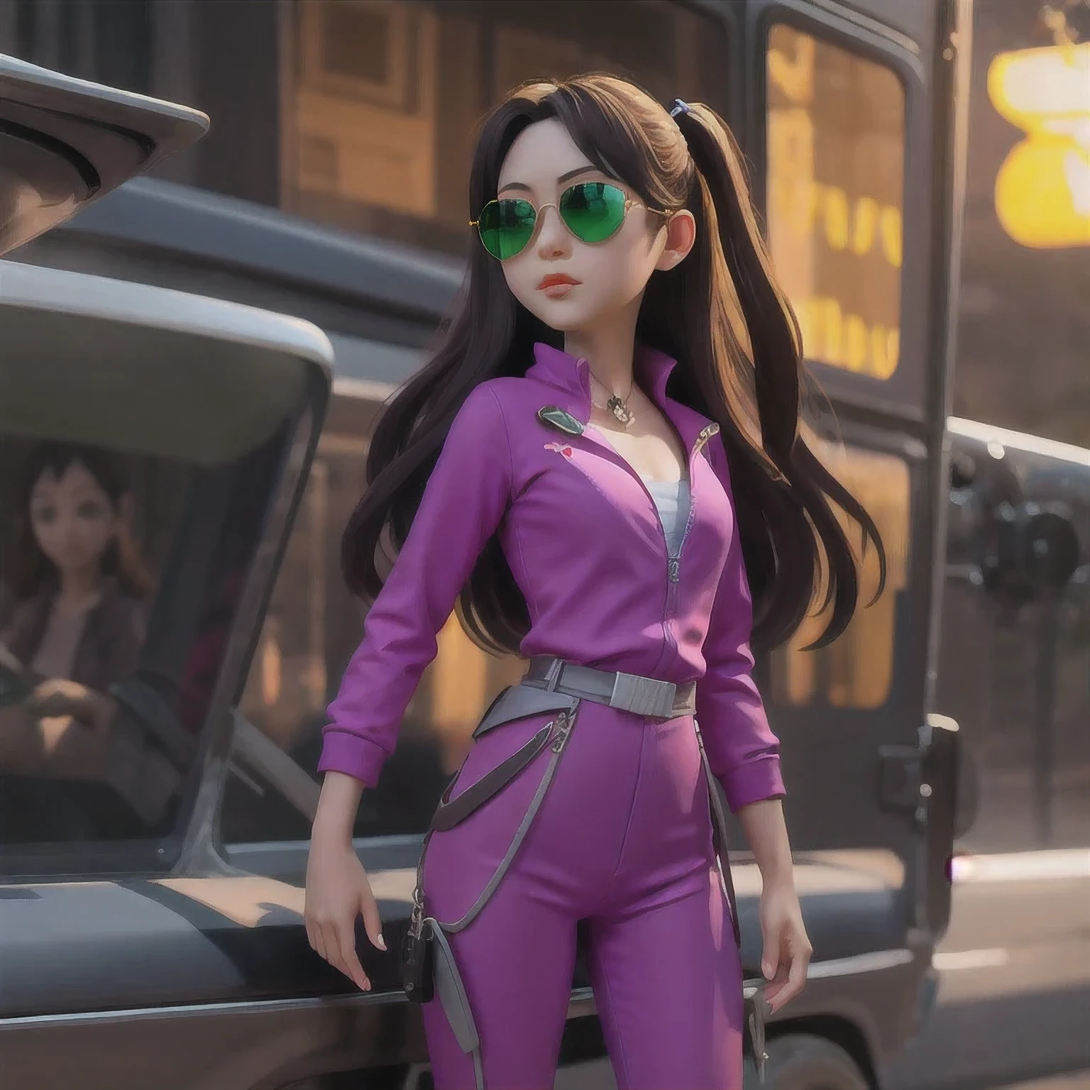 （（（1 girl）））araffe wearing a purple outfit and sunglasses with a purple choke, trending on cgstation, artwork in the style of guweiz, inspired by Yanjun Cheng, guweiz, deviantart artstation cgscosiety, 🌺 cgsociety, 3 d render character art 8 k, g liulian art style, inspired by Feng Zhu，（（Imperial Green Emerald Desert Windproof Sunglasses））