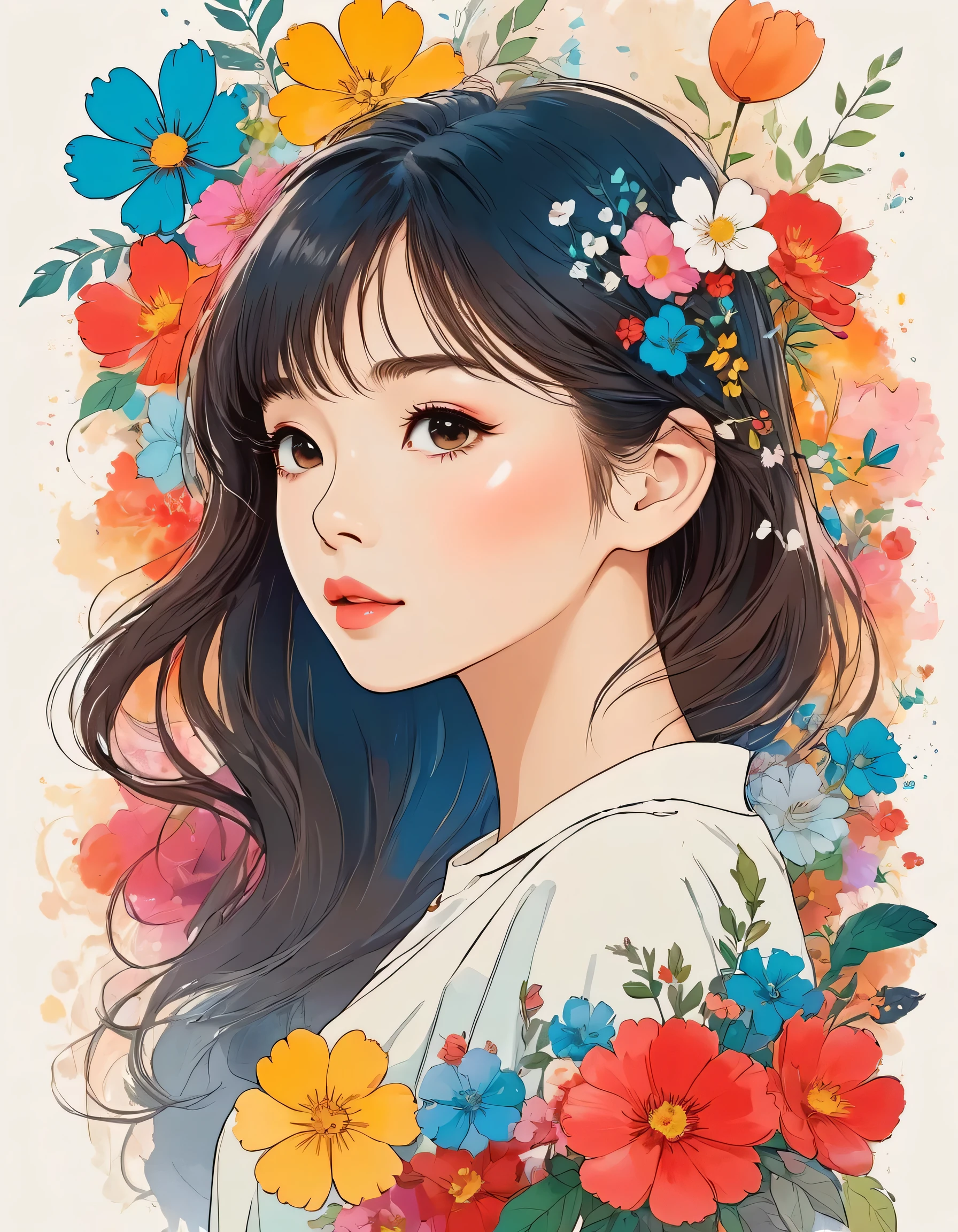 Hayao Miyazaki Style、The most beautiful girl of all time、Lips in Love、Colorful flowers、Simple line initials、Abstract art、Urban Background