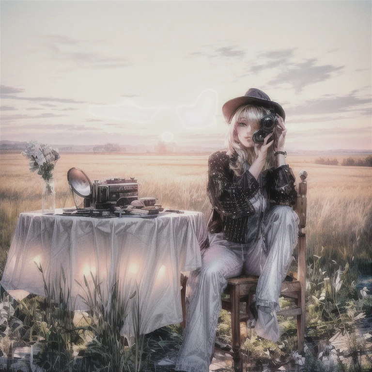 there is a woman sitting at a table with a camera, photography style, anna nikonova, sitting in a field, female photography, in a field, photo portrait, photography portrait, distant photo, retro photography, modeling photography, taking a picture, vintage photography, food stylist, portrait shot, professional photography, advertising photography, anna nikonova aka newmilky, casual photography