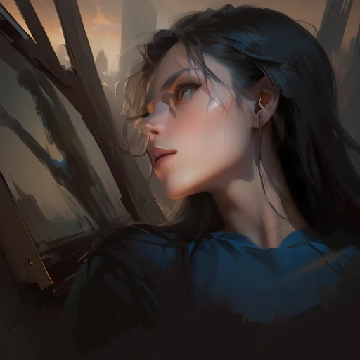 painting of a woman with long hair and a blue shirt, an expressive digital painting, twilight ; digital painting, digital portrait, low detailed. digital painting, expressive digital painting, speedpaint, a digital painting, digital painting, dark fantasy portrait, digital fantasy portrait, smooth. digital painting, digital illustration portrait, digital matt painting, digital painted