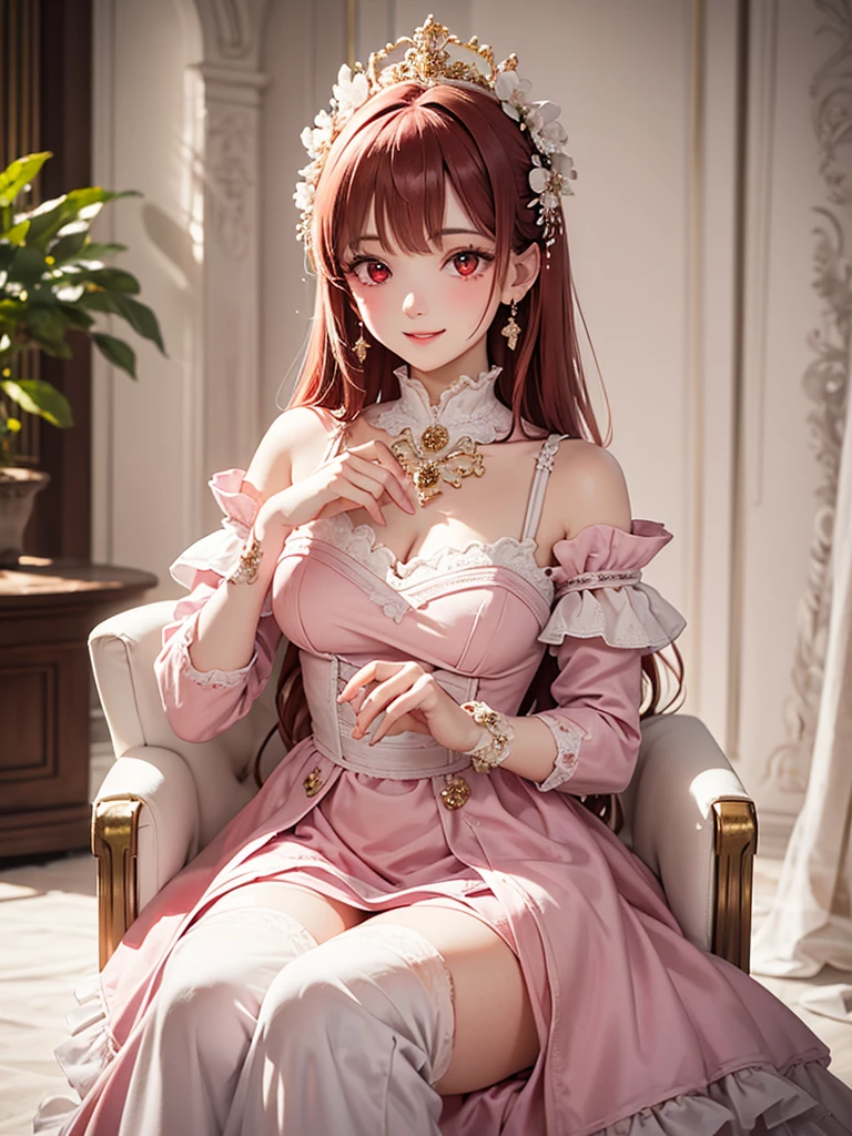 (masterpiece:1.2),(4k),high quality,((perfect anatomy)),(perfect fingers:1.3),(correct hands:1.3),(1 girl),long red hair,beautiful detailed red eyes,ultra-detailed face,smile,pink rococo frill dress,long sleeve pink dress,ornate frills dress,sitting in a white luxurious chair,pink and white interior room,bokeh, a gentle light spreads over the tranquil surroundings, delicate petals blend into intricate patterns,add a dramatic and symbolic element to your scene, the petals are soft, magical colors and atmosphere,the atmosphere is full of happiness and laughter