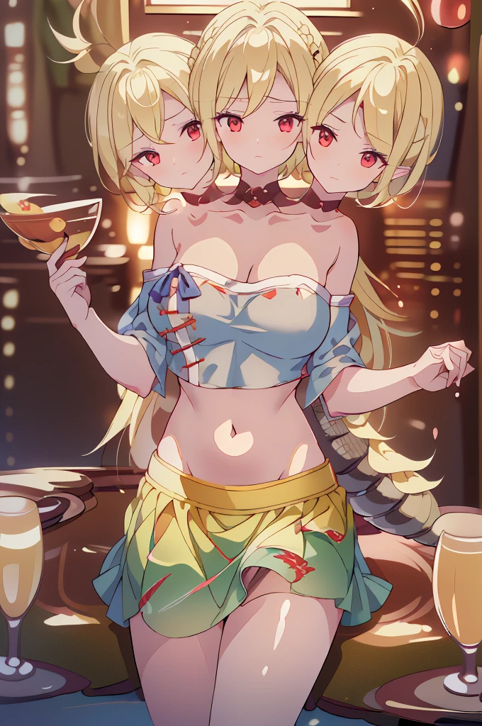 (masterpiece, best quality), best quality, best resolution, (ultra-detailed), (3heads:1.5), 1girl, (kicchou yachie:1.3), masterpiece, best quality, ultra quality, ultra resolution, ultra detail, blue top, crop top, ((stomach)), midriff, ((groin)), blue skirt, normal ears, shackles, blonde hair, very long hair, wavy hair, sidelocks, red eyes, parted lips, dragon horn, sweat, cute, toned belly, hand on own chest, eyelashes, (24 year old woman:1.3), (masterpiece:1.5), (best quality:1.5), (beautiful detailed), extremely detailed CG, extremely delicate and beautiful, depth of field, (finely detailed face), (perfect details:1.2), (mature female:1.3), wide pelvis, slender, large veiny breast, 16k resolution, highres, very high quality, very high definition, extremely detailed, masterpiece, best quality, blonde hair, long hair, alluring presence, braid, short skirt, close up, big tits, young, dragon girl, dragon horns, dragon tail, tail,