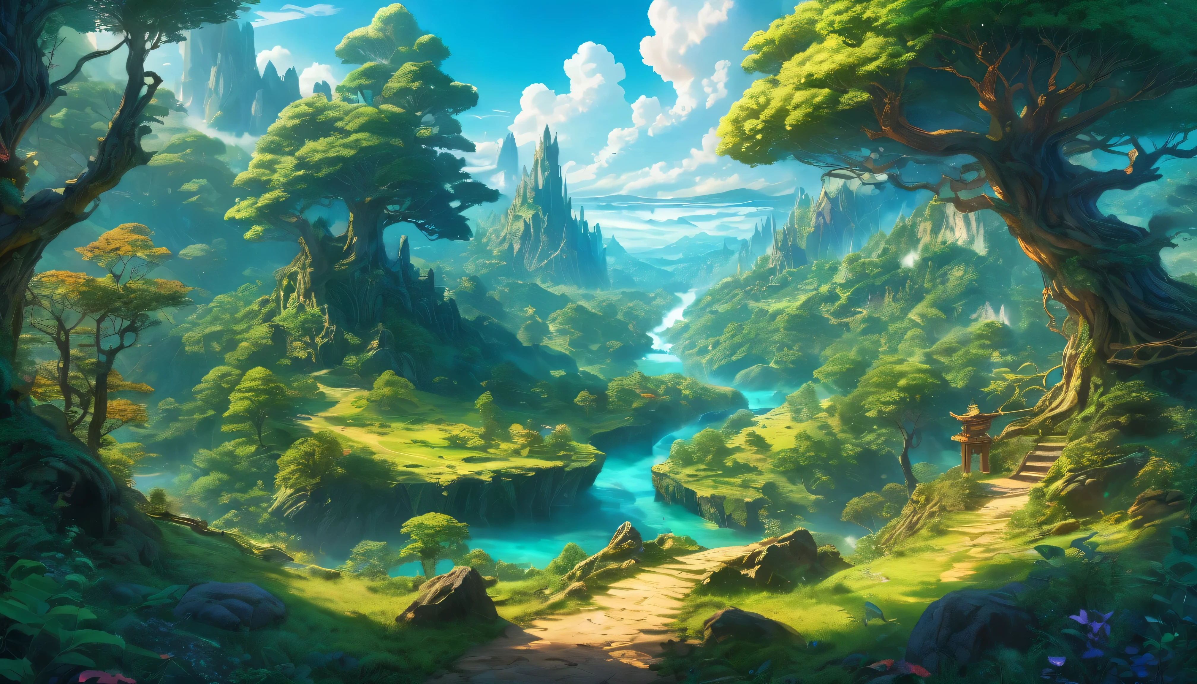 (anime, fantasy, landscape), (masterpiece, best quality, high resolution, HDR:1.2), satellite view, the undiscovered land, mystical creatures, enchanted forest, ethereal light, vibrant colors, fantastical landscapes. (beautiful, extremely detailed, intricate, 8k)