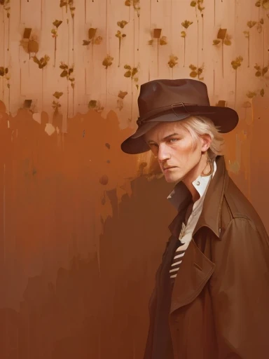 there is a man in a hat and a coat standing in front of a wall, desolate. digital illustration, blurry and dreamy illustration, blurred and dreamy illustration, inspired by Clint Cearley, inspired by Jean Tabaud, inspired by Joseph Beuys, inspired by Zbigniew Nowosadzki, caracter with brown hat