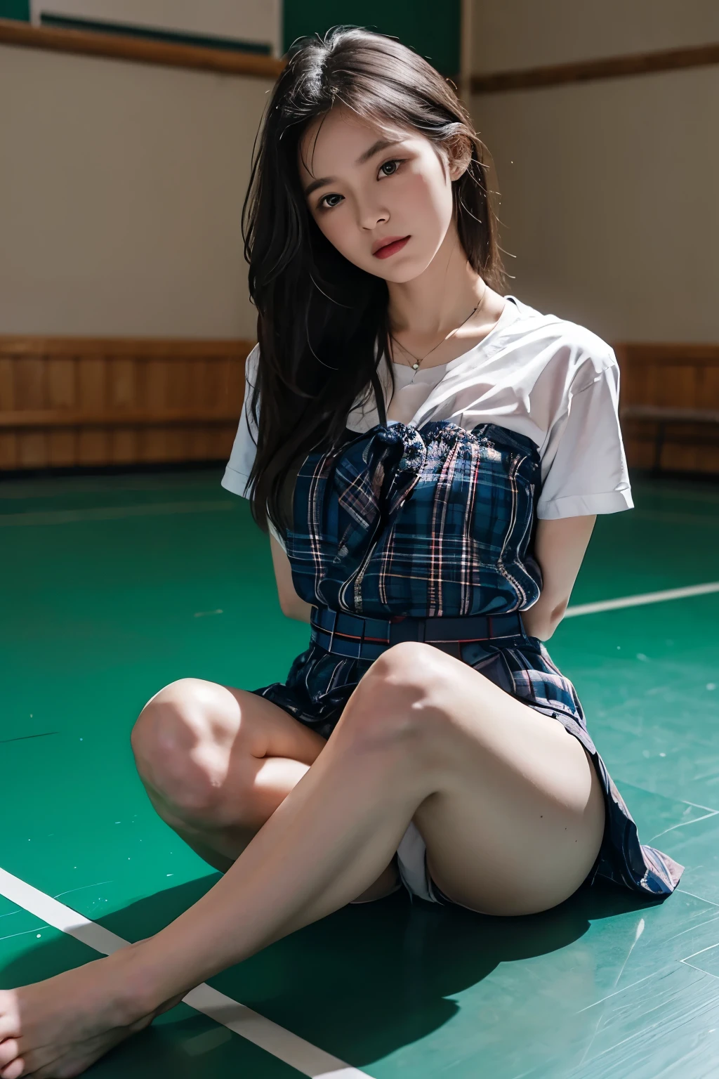 8k, RAW Photos, highest quality, masterpiece:1.2), masterpiece, highest quality, shape, Very detailed, Fine details, High resolution, 8k,wallpaper, Perfect dynamic composition,(High quality with attention to detail, Realistic depiction of eyes:1.3)、Hands tied、A woman 、Put your arms around my back, Tie your hands behind your back, Sitting on the bright gym floor with feet together and knees bent、with legs wide open,、Tartan Check Pleated Skirt、whole body、White pantiesole is facing forward、21talent、beauty、Well-formed face、Even out the eyes、Beautiful black hair、Bangedium Build、Balanced proportions、Beautiful feet、Short sleeve blouse、Fresh Face、Beautiful views、