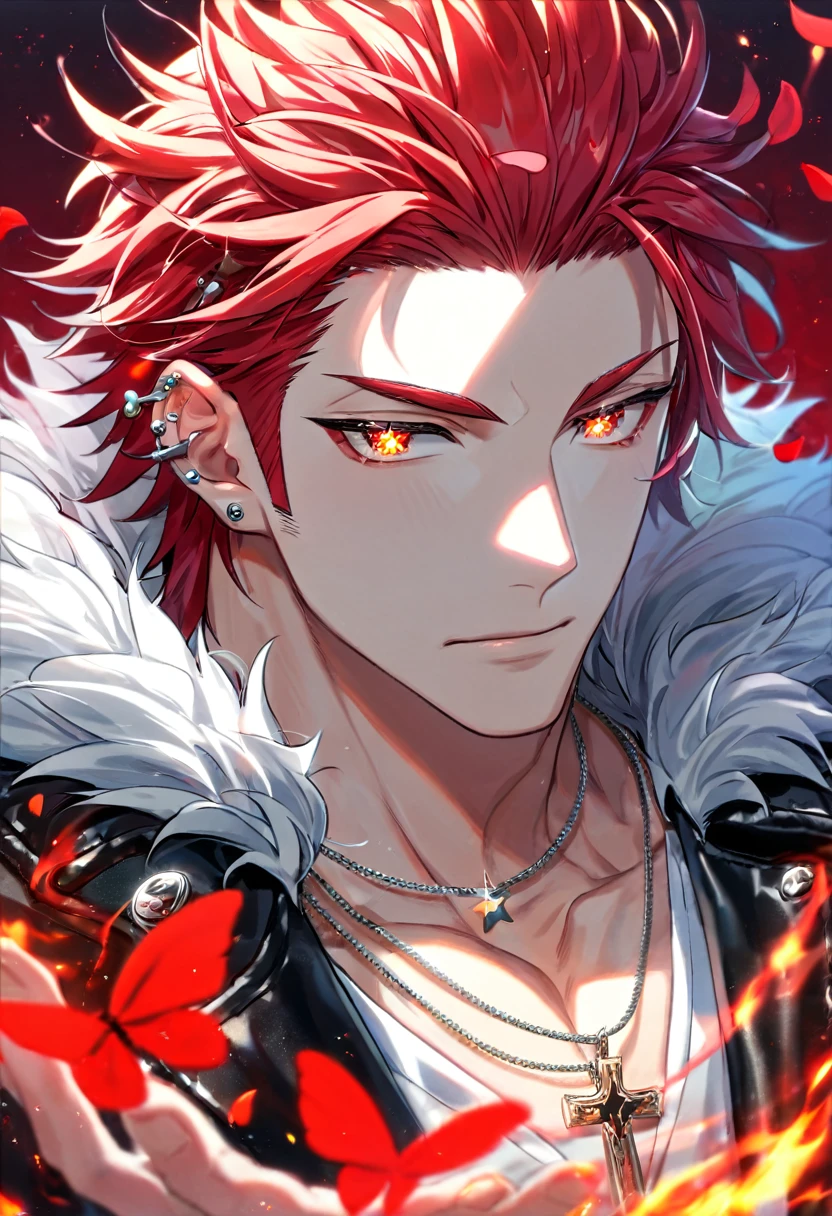 Ultra detailed, Highres, absurdres, HDR, Suoh Mikoto, red hair is kept short ruffled and spiked with two strands of hair near the opposite sides of his head falling on his face as well as distinct sideburns, K, expressive golden eyes, black leather jacket with a fur collar and a white V-neck underneath, silver ring, a star-shaped necklace, a piercing in his left ear, red flowers, petals, handsome, man, solo, very detailed eyes and face, glittering small red butterflies, master piece, glittering, fantasy, cross, red background, fire,