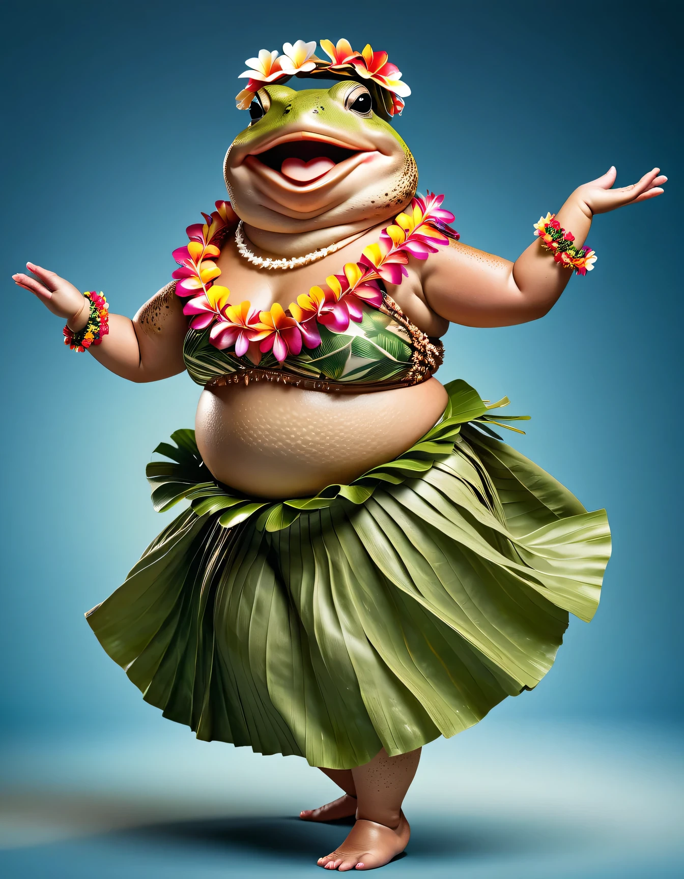 photorealistic portrait of Dressed animals - a ((fat)) toad hula dancer,(hula dancing:2.0), (swinging arms to the side :2.0),(happy smile:1.2),high quality,(happy),(lovely) ,intricate details, [natural toad skin texture], highly detailed ((female hula dance costume)) ,highly detailed decorations, wearing (bikini) aloha shirts and flower lei , (happy), studio lighting,(full body image:1.5),simple background,(viewed from side:1.5)