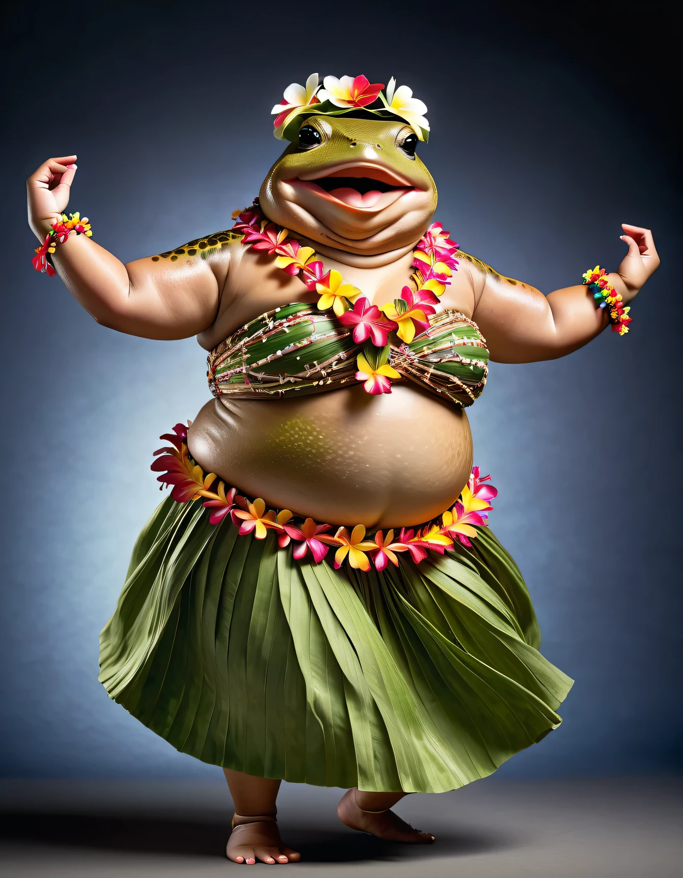 photorealistic portrait of Dressed animals - a ((fat)) toad hula dancer,(hula dancing:2.0), (swinging arms to the side :2.0),(happy smile:1.2),high quality,(happy),(lovely) ,intricate details, [natural toad skin texture], highly detailed ((female hula dance costume)) ,highly detailed decorations, wearing (bikini) aloha shirts and flower lei , (happy), studio lighting,(full body image:1.5),simple background,(viewed from side:1.5)