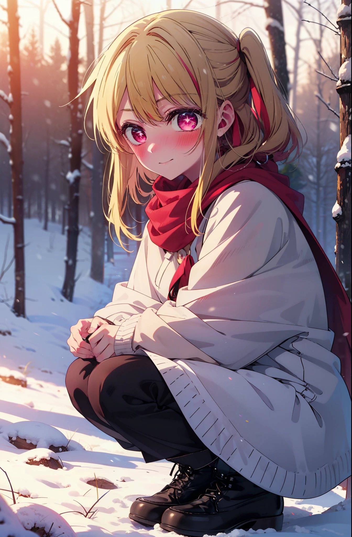 rubyhoshino, Hoshino Ruby, Long Hair, bangs, Blonde Hair, (Pink Eyes:1.3), Side Lock, (Symbol-shaped pupil:1.5), Multicolored Hair, Two-tone hair, smile,,smile,blush,White Breath,
Open your mouth,snow,Ground bonfire, Outdoor, boots, snowing, From the side, wood, suitcase, Cape, Blurred, , forest, White handbag, nature, Squat, Mouth closed, Cape, winter, Written boundary depth, Black shoes, red Cape break looking at viewer, Upper Body, whole body, break Outdoor, forest, nature, break (masterpiece:1.2), highest quality, High resolution, unity 8k wallpaper, (shape:0.8), (Beautiful and beautiful eyes:1.6), Highly detailed face, Perfect lighting, Highly detailed CG, (Perfect hands, Perfect Anatomy),